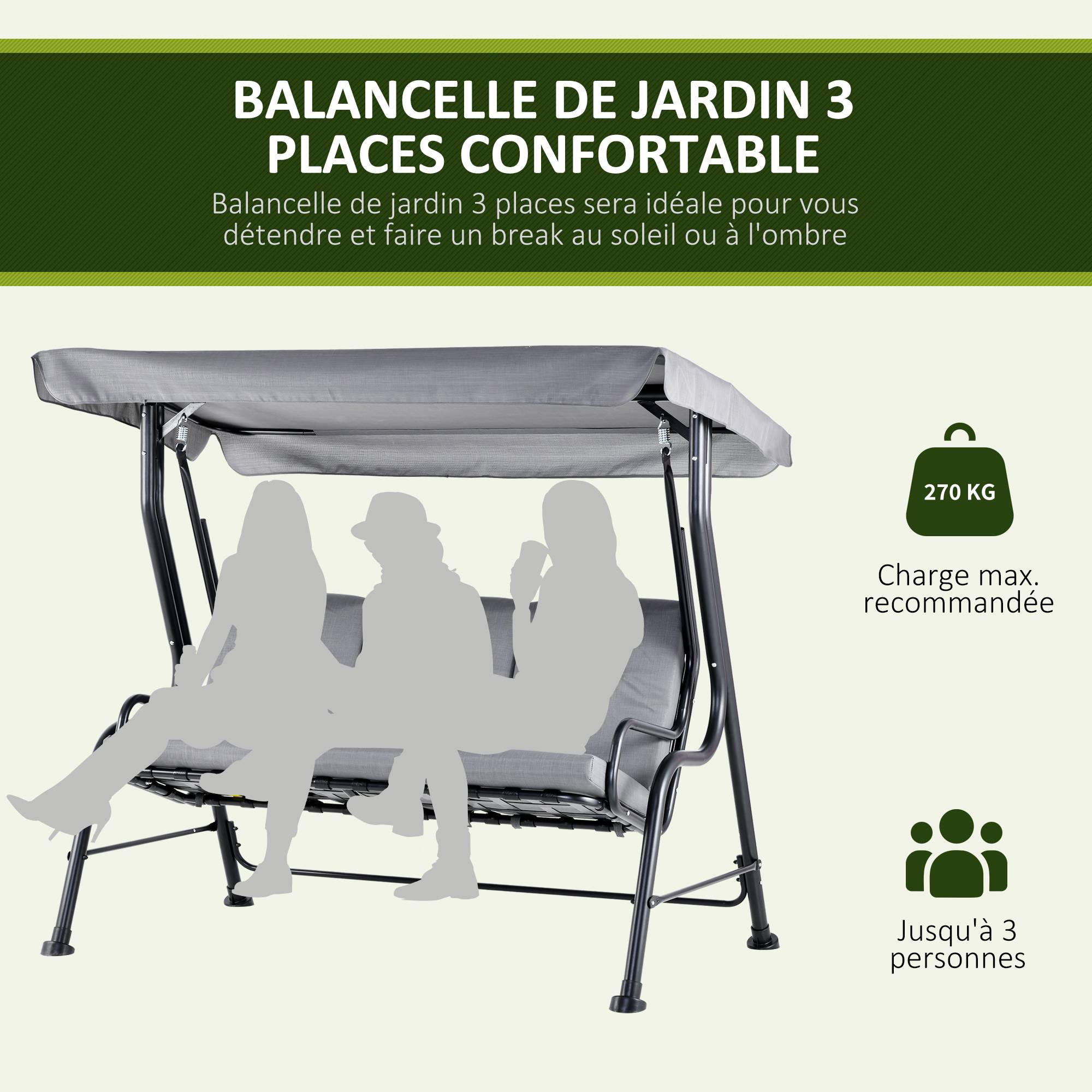 Outsunny - Balancelle de jardin 3 places grand confort toit inclinaison réglable épais coussins amovibles polyester acier époxy gris - Outsunny - Image 6