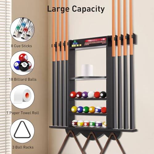 Support Queue De Billard 12 Trous + 2 Porte-Boules – Rack Sol Billard Club Ou Maison – Bois Grain Naturel
