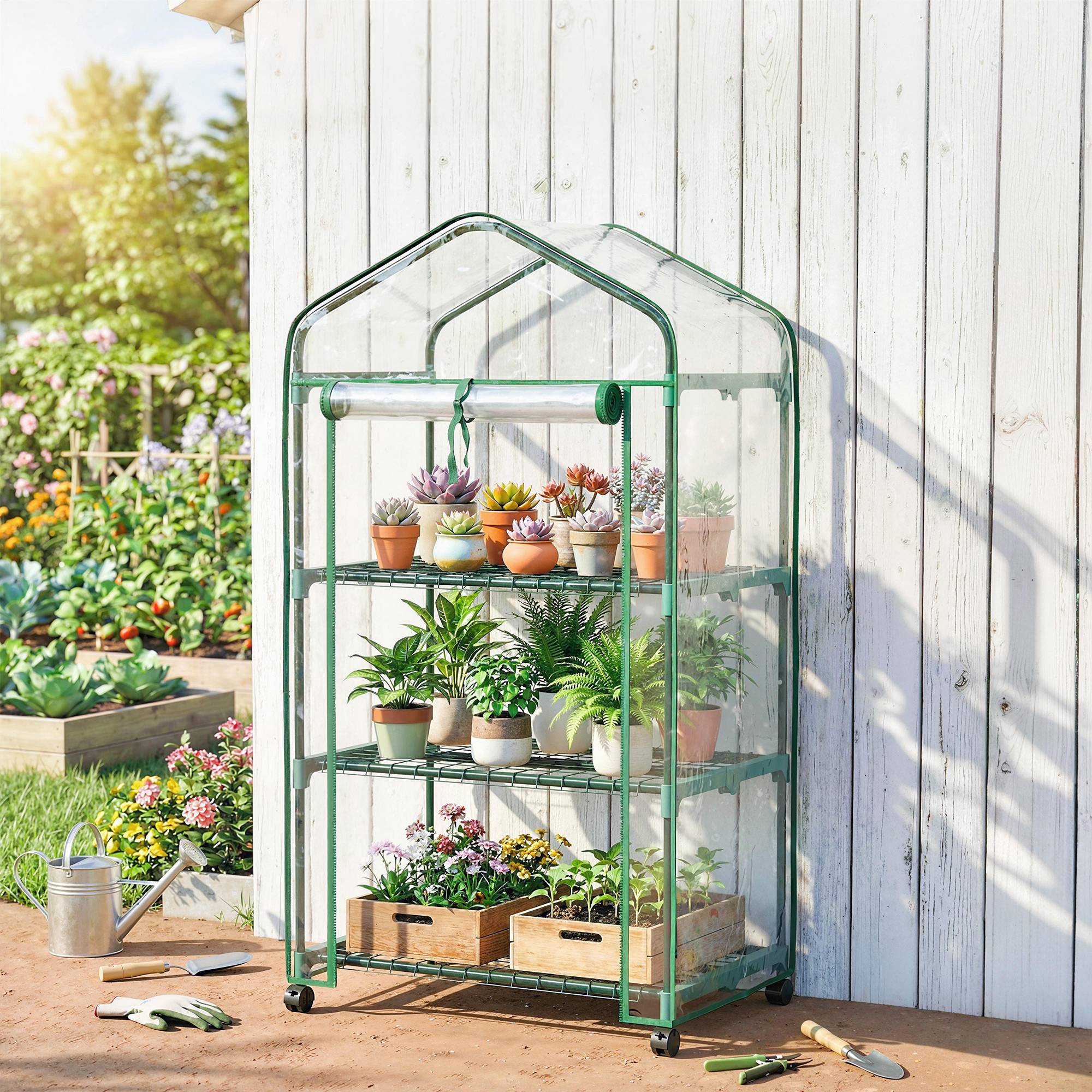 Maison Chic - Mini serre de jardin avec 3 étagères, bâche PVC haute densité, porte enroulable 4 roulettes 69x49x130 cm transparent - Image 2