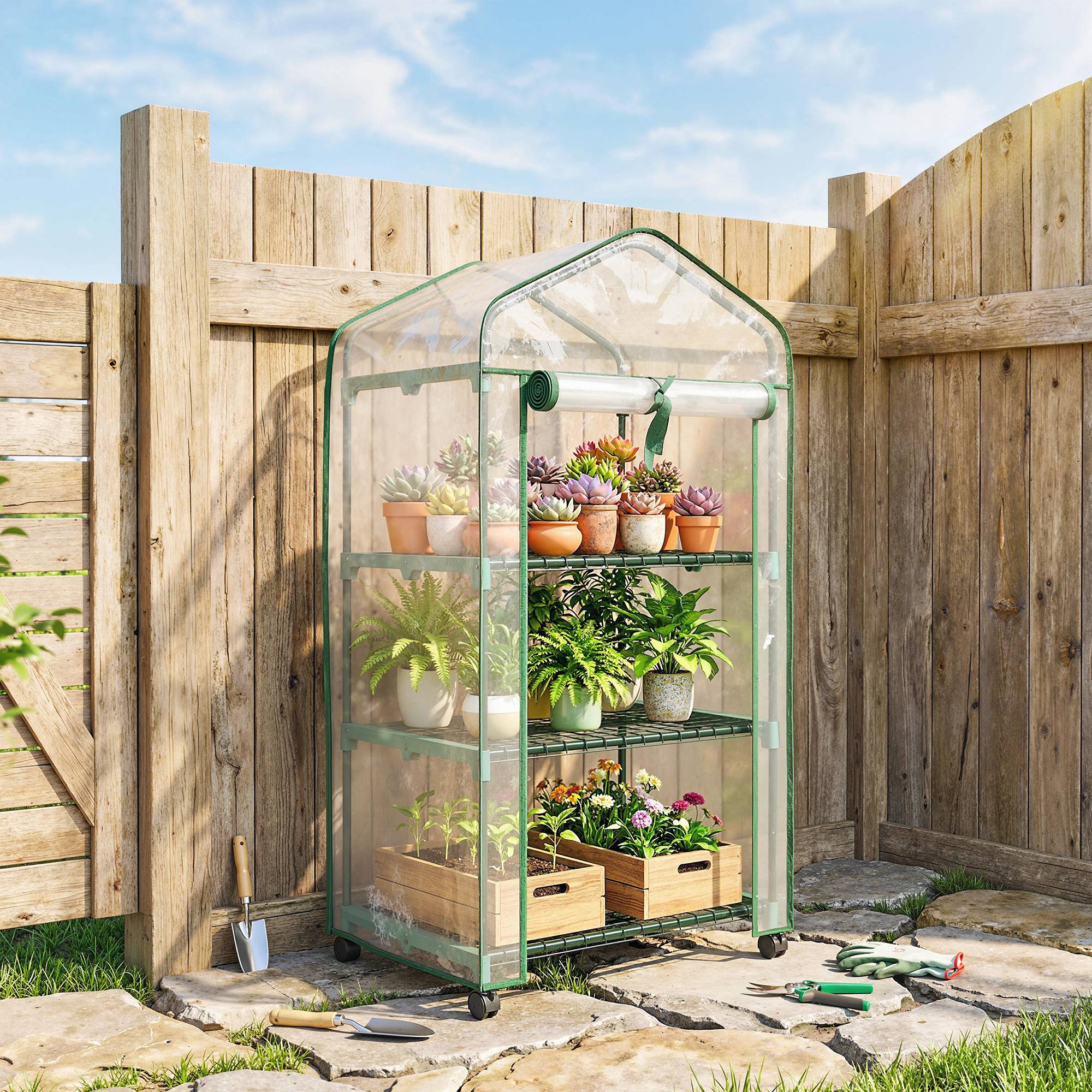 Maison Chic - Mini serre de jardin avec 3 étagères, bâche PVC haute densité, porte enroulable 4 roulettes 69x49x130 cm transparent - Image 4