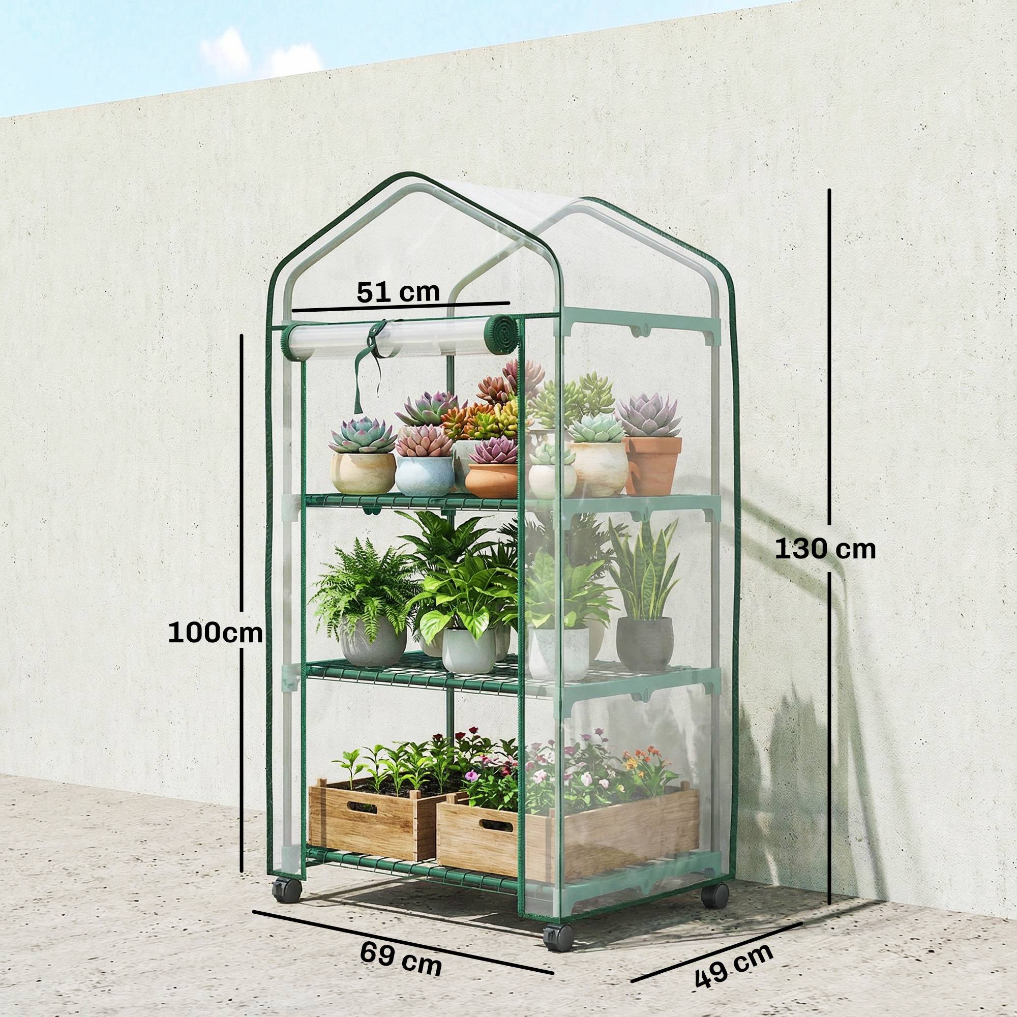 Maison Chic - Mini serre de jardin avec 3 étagères, bâche PVC haute densité, porte enroulable 4 roulettes 69x49x130 cm transparent - Image 5