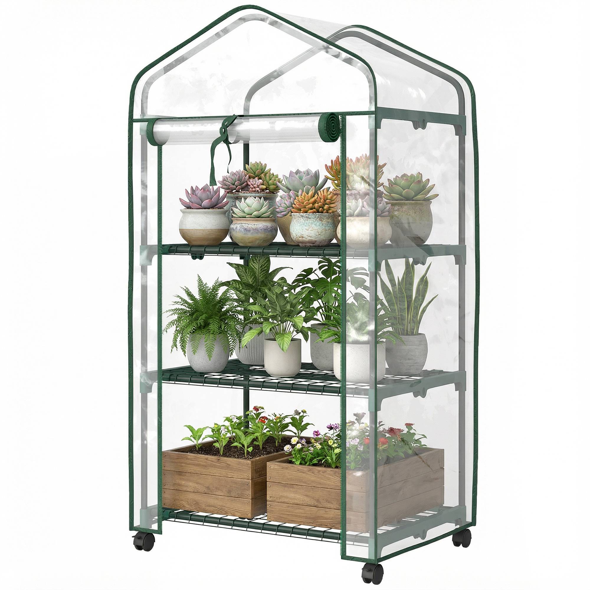 Maison Chic - Mini serre de jardin avec 3 étagères, bâche PVC haute densité, porte enroulable 4 roulettes 69x49x130 cm transparent - Image 1