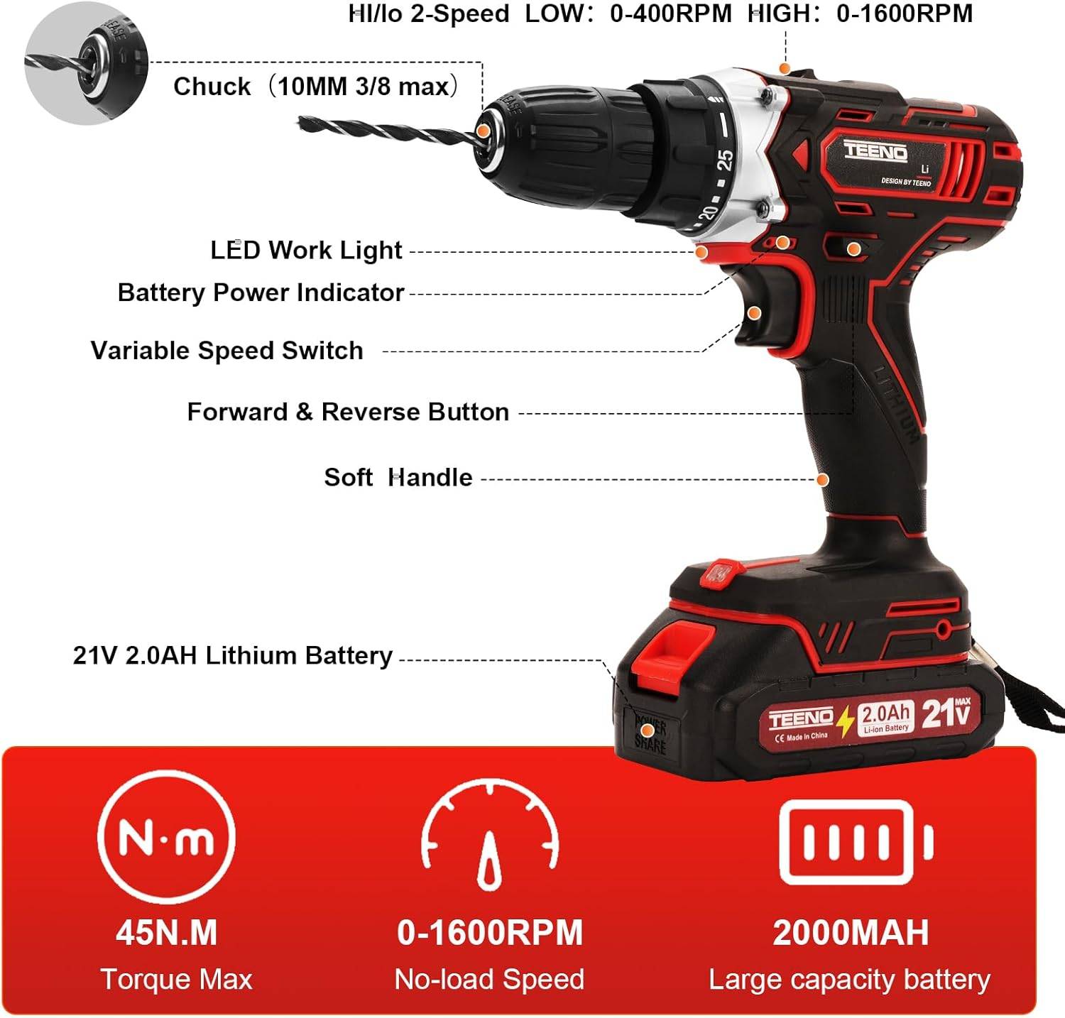 Teeno - Perceuse/visseuse sans fil 21 V, compatible avec les batteries Makita 2 x 2,0 Ah, visseuse/tournevis sans fil 45 Nm, 25 + 1 réglages de couple, - Image 3