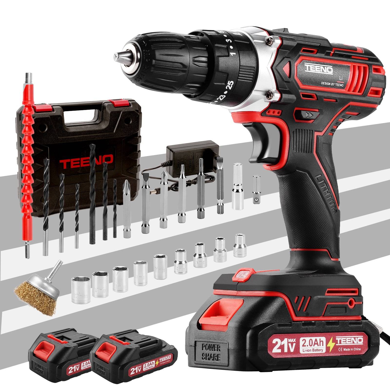 Teeno - Perceuse/visseuse sans fil 21 V, compatible avec les batteries Makita 2 x 2,0 Ah, visseuse/tournevis sans fil 45 Nm, 25 + 1 réglages de couple, - Image 1