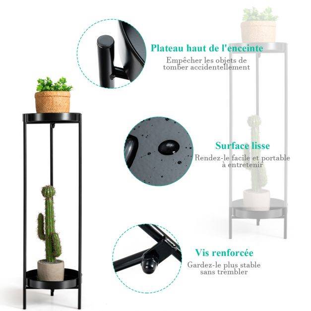 Helloshop26 - Etagère à fleurs colonne à plantes en acier porte pots pour intérieur et extérieur charge max 15 kg 25 x 80 cm noir - Image 4
