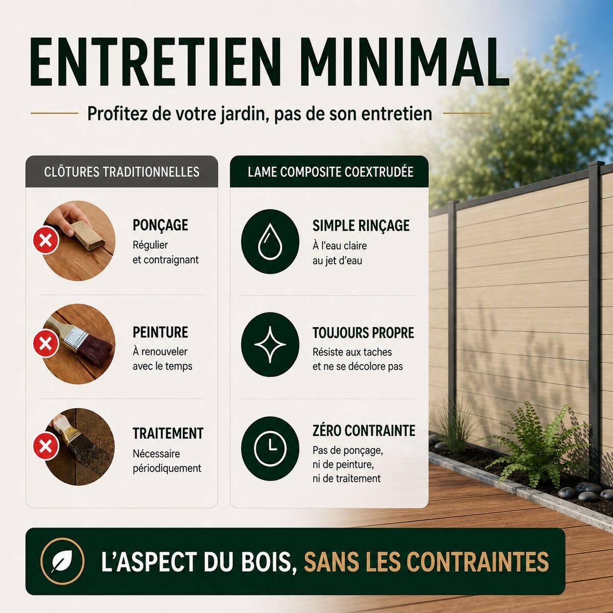 Direct Abris - Kit clôture RECIFE Bois Composite sable 10,87m poteau 60x70mm noir à sceller 1,7m - Image 5