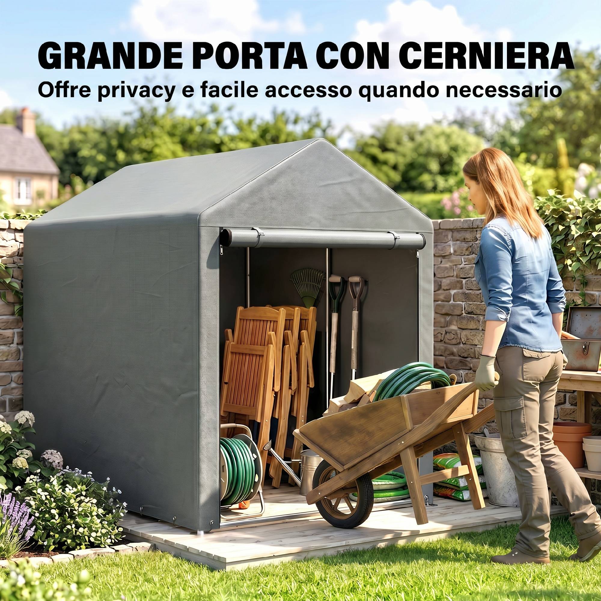 Abri de jardin pour vélos 1,2 x 1,8 x 1,65 m, 2 compartiments, porte zippée, imperméable, résistant aux UV, gris clair - Image 8
