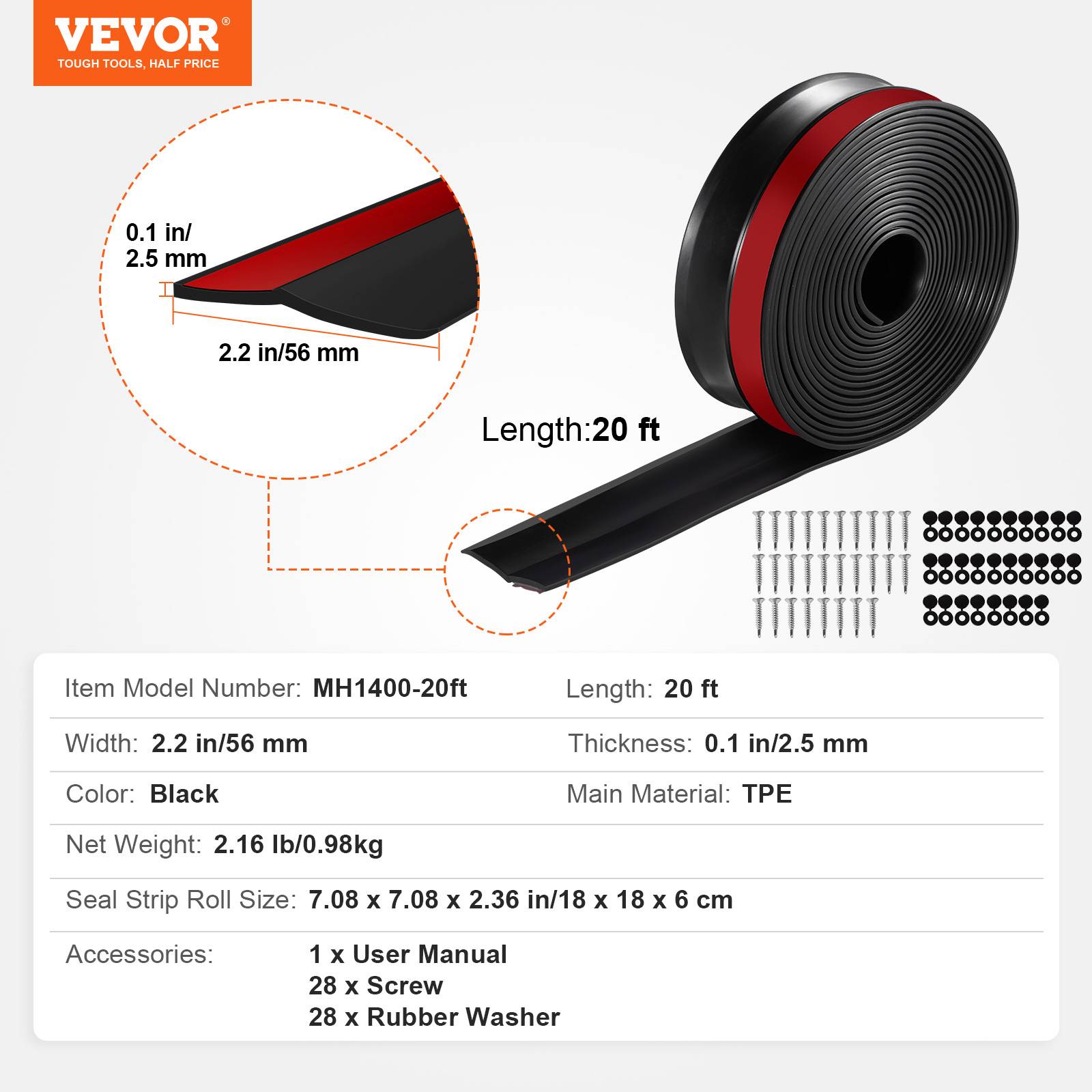 VEVOR Joint porte garage 6m, étanchéité sup/latéral, TPE, adhésif, vis, noir. - Image 7