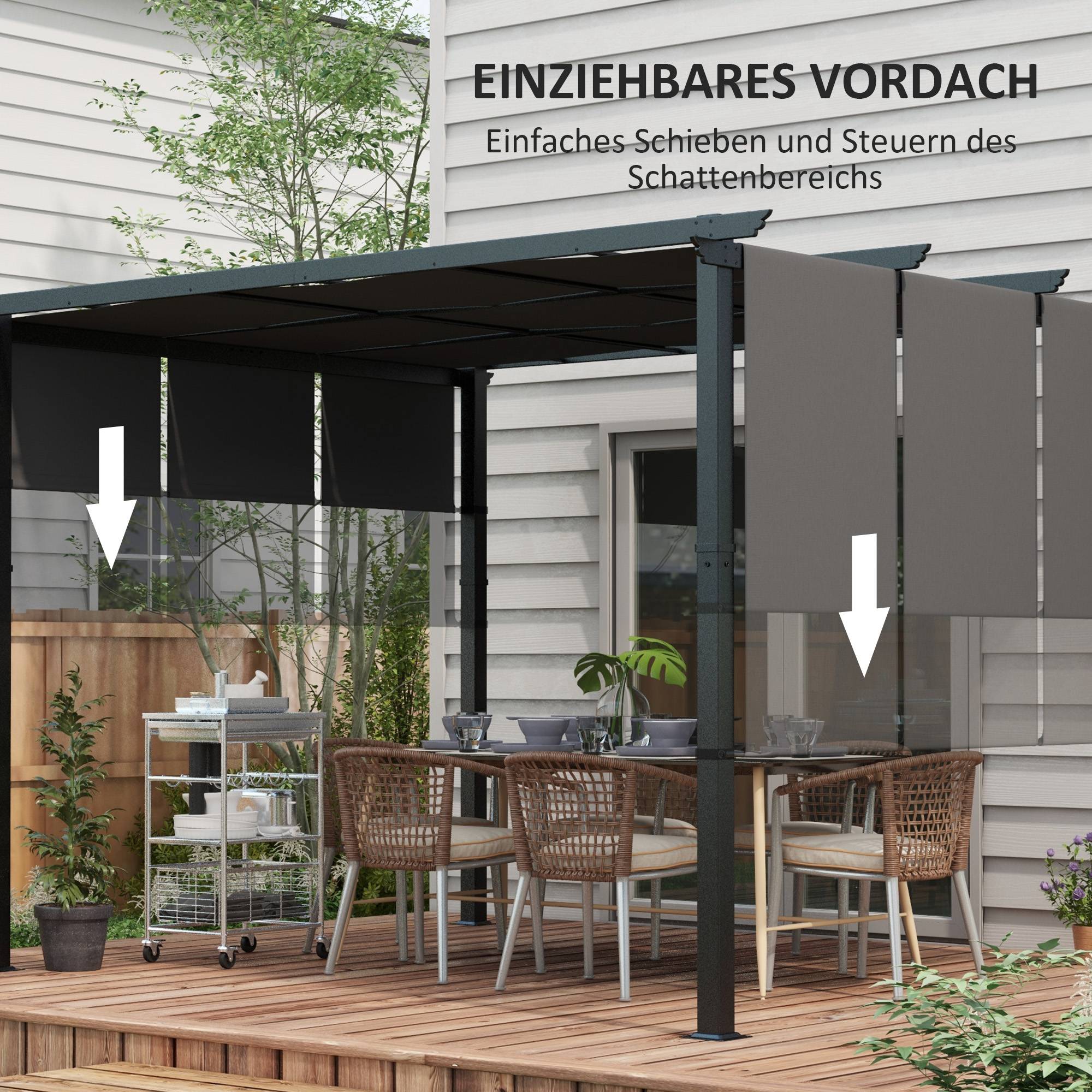 Pergola kiosque 3,5x3m gris foncé avec murs latéraux imperméable, toit de patio pour jardin terrasse - Image 4