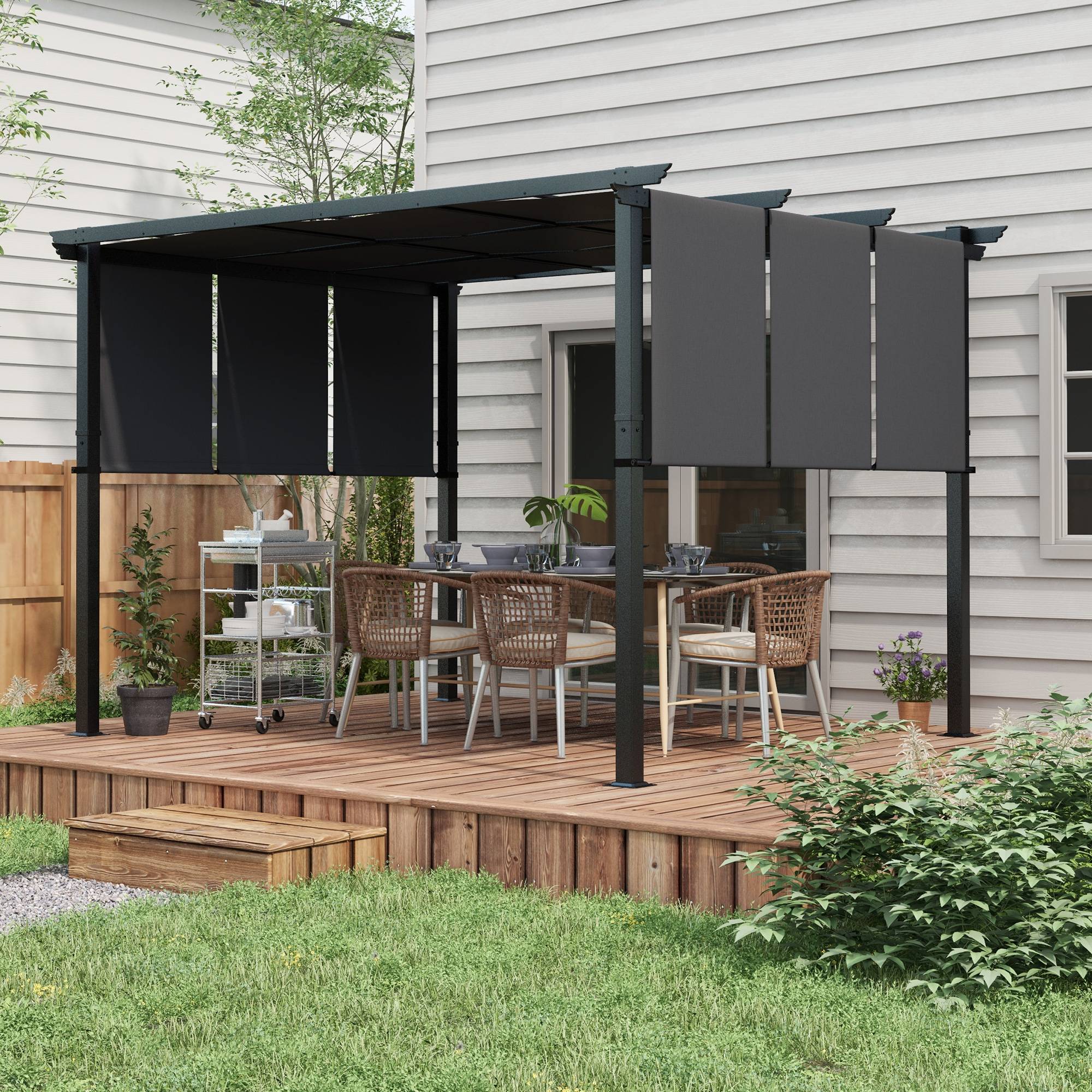 Pergola kiosque 3,5x3m gris foncé avec murs latéraux imperméable, toit de patio pour jardin terrasse - Image 2