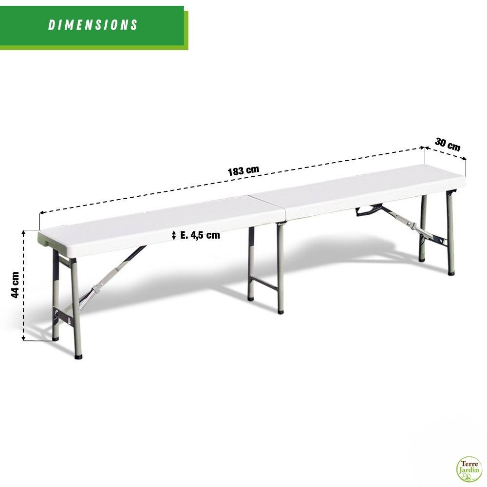 Terre Jardin - Banc de jardin pliable en acier et plastique - 4 places - Compact - Blanc - 183x30x44 cm - TERRE JARDIN - Image 2