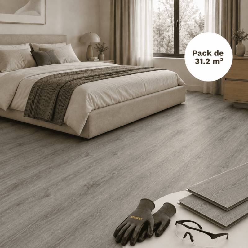 Sol vinyle SPC clipsable 31,2 m² chêne gris - Sous couche intégrée, usure 0,5 mm - Coloris - Chêne gris - Image 1