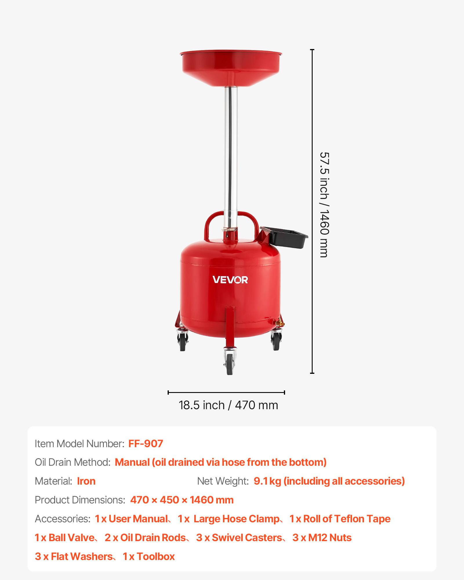 Vevor - VEVOR Réservoir de vidange huile 30 L, entonnoir réglable 66-147 cm, roulettes pivotantes, réservoir métal anticorrosion, livré avec accessoires. - Image 6