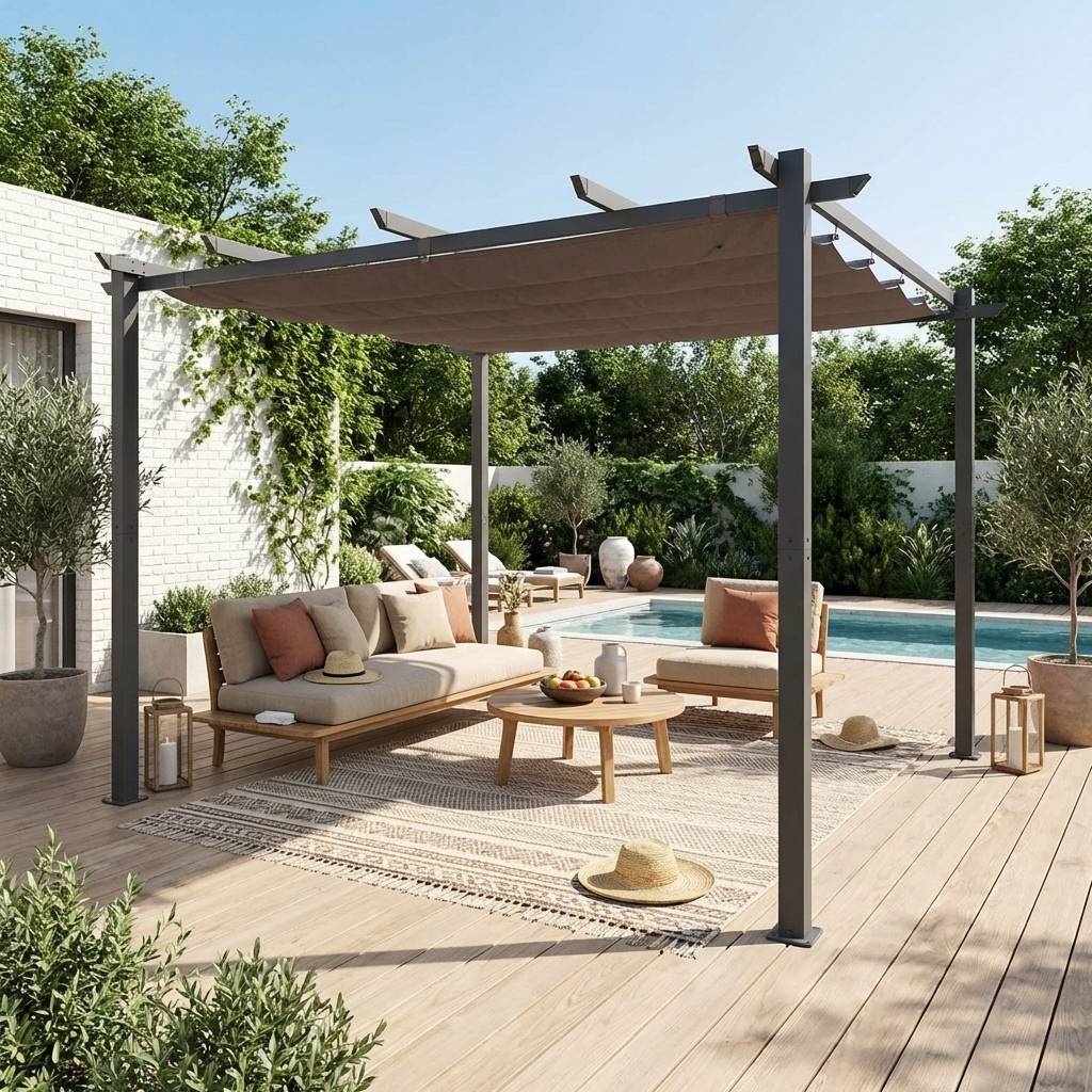 sweeek - Pergola aluminium - Isla 3x3m - Toile grise - Tonnelle idéale pour votre terrasse. toit rétractable. toile coulissante. structure aluminium | sweeek - Image 1