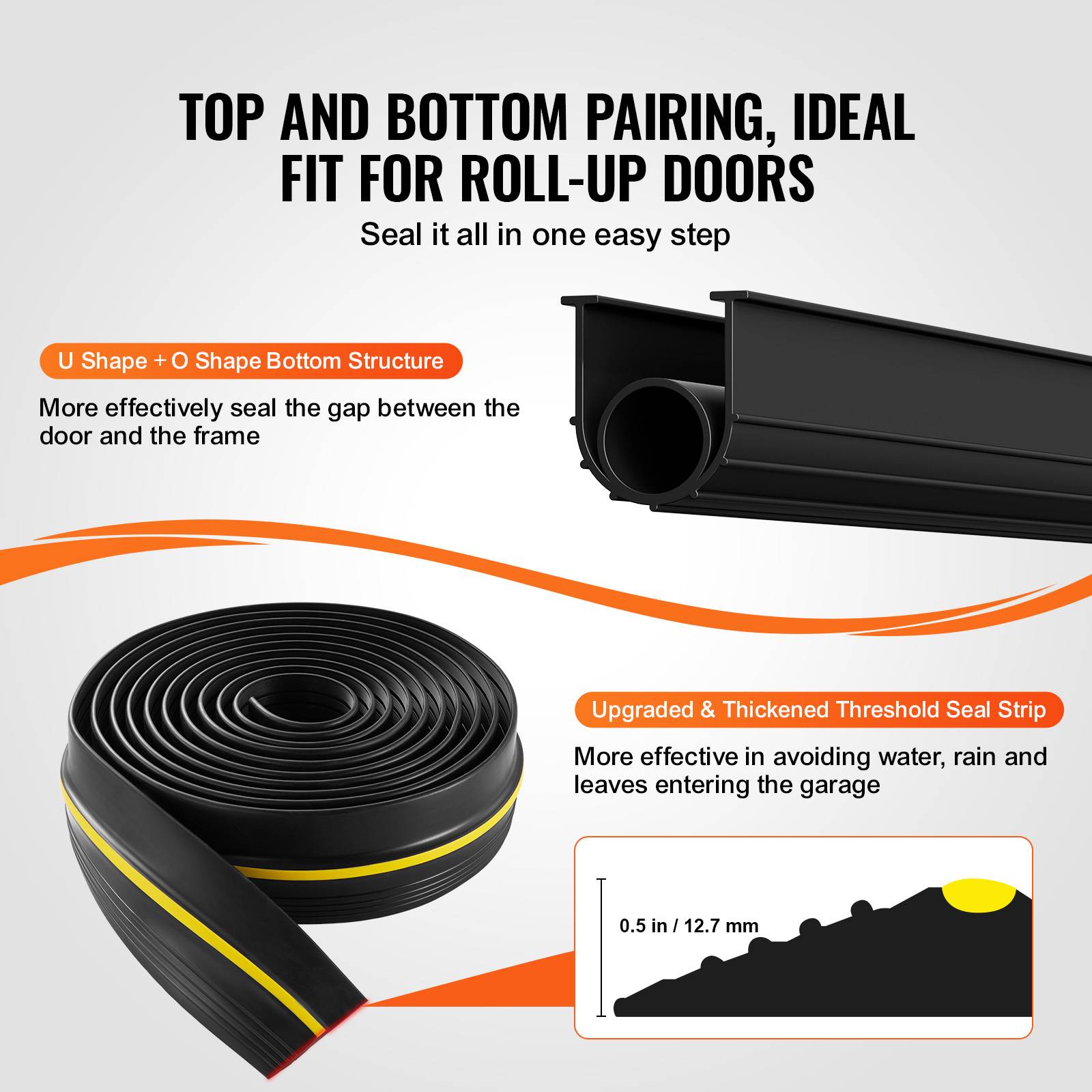 VEVOR Joint porte garage 6m, seuil étanchéité U+O, 2pcs, PVC, adhésif, noir. - Image 3