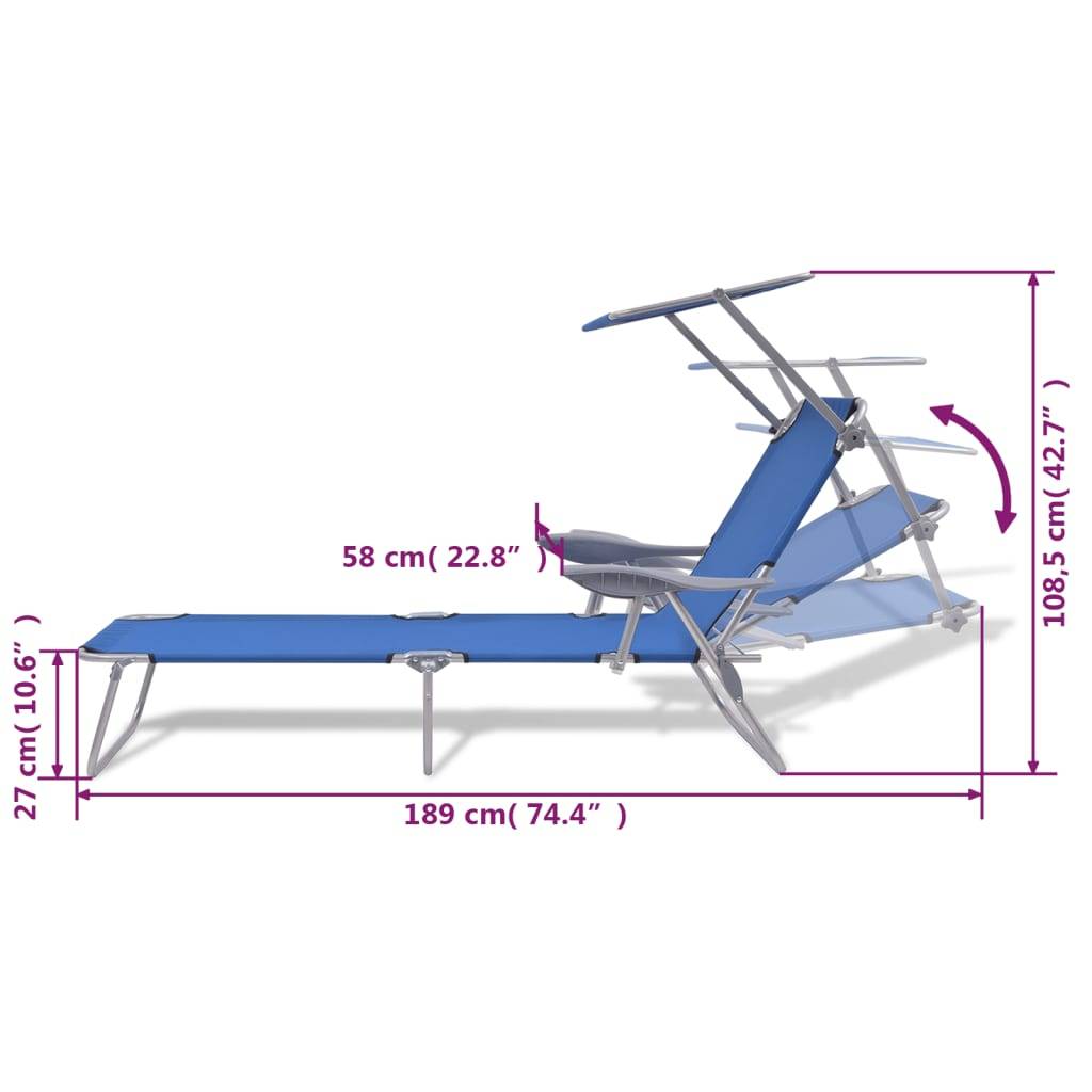 Helloshop26 - Transat chaise longue bain de soleil lit de jardin terrasse meuble d'extérieur avec auvent acier bleu - Image 7