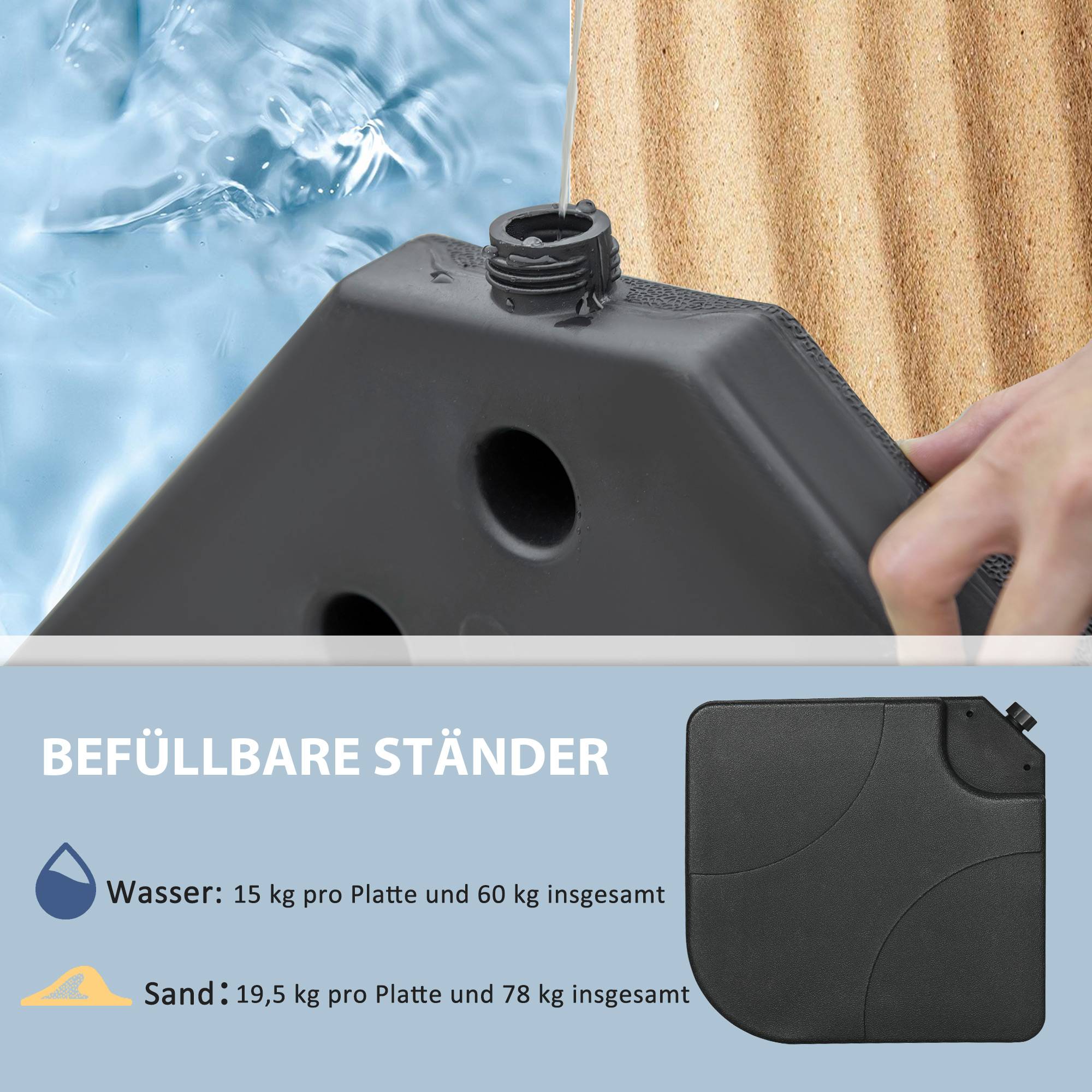Lot de 4 Dalles Lestage Plastique Jardin Base Parasol Remplissables Eau Sable 104x104cm Noir - ComfortXL Outdoor Living - Image 7