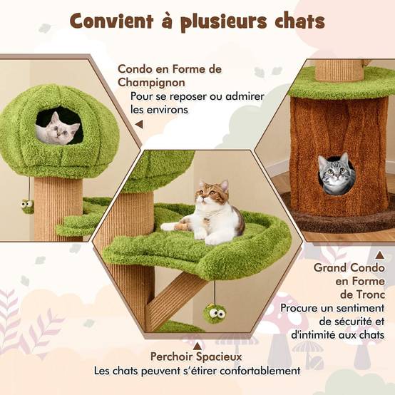 COSTWAY Arbre a Chat Design 148 cm,en Bois, 2 Condos, 2 Plateformes, 20 cm Poteaux à Griffer en Sisal, en Forme de Branche,Coussins Amovibles - Image 4