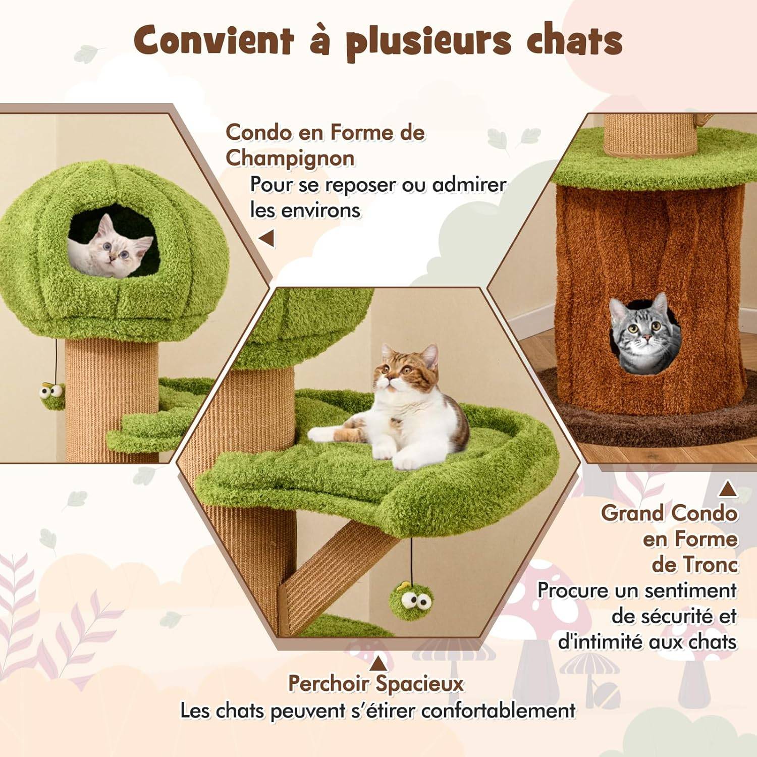 COSTWAY Arbre a Chat Design 148 cm,en Bois, 2 Condos, 2 Plateformes, 20 cm Poteaux à Griffer en Sisal, en Forme de Branche,Coussins Amovibles - Image 4