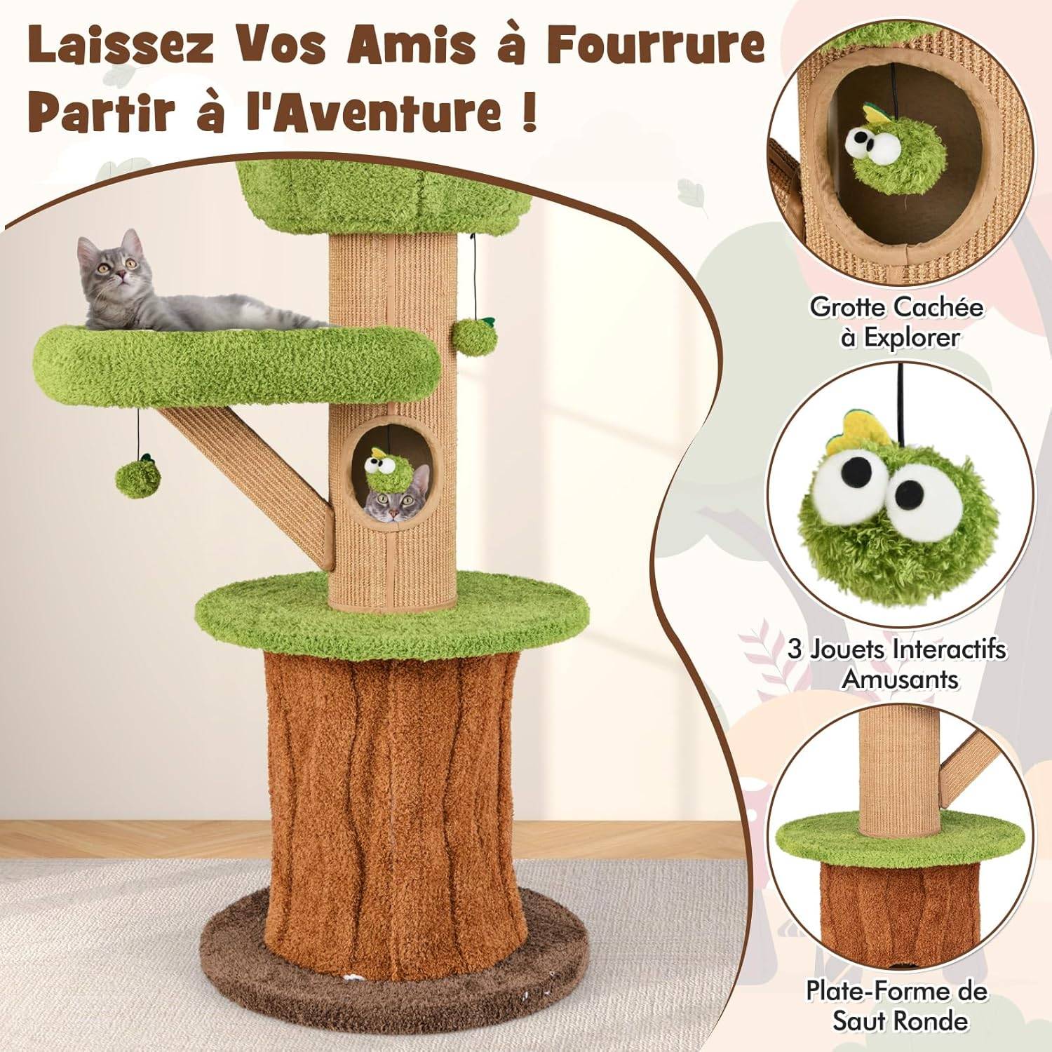 COSTWAY Arbre a Chat Design 148 cm,en Bois, 2 Condos, 2 Plateformes, 20 cm Poteaux à Griffer en Sisal, en Forme de Branche,Coussins Amovibles - Image 8