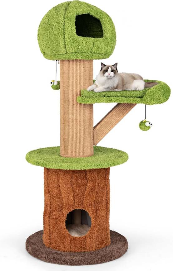 COSTWAY Arbre a Chat Design 148 cm,en Bois, 2 Condos, 2 Plateformes, 20 cm Poteaux à Griffer en Sisal, en Forme de Branche,Coussins Amovibles - Image 1