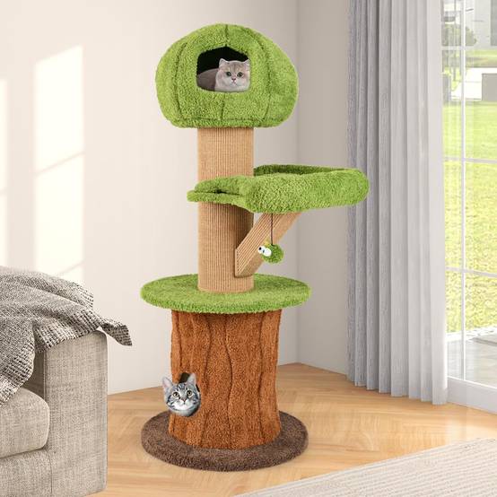 COSTWAY Arbre a Chat Design 148 cm,en Bois, 2 Condos, 2 Plateformes, 20 cm Poteaux à Griffer en Sisal, en Forme de Branche,Coussins Amovibles - Image 2