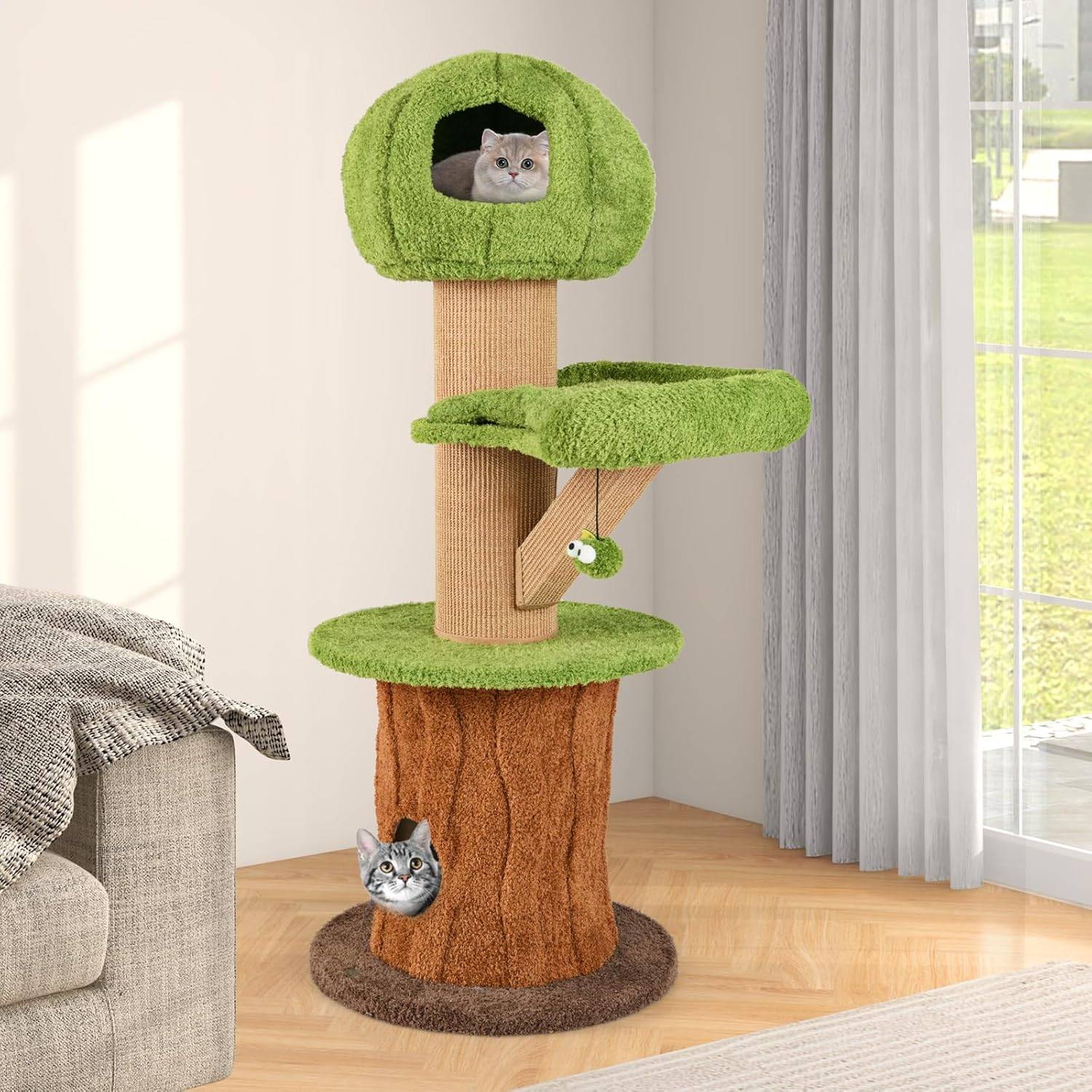 COSTWAY Arbre a Chat Design 148 cm,en Bois, 2 Condos, 2 Plateformes, 20 cm Poteaux à Griffer en Sisal, en Forme de Branche,Coussins Amovibles - Image 2