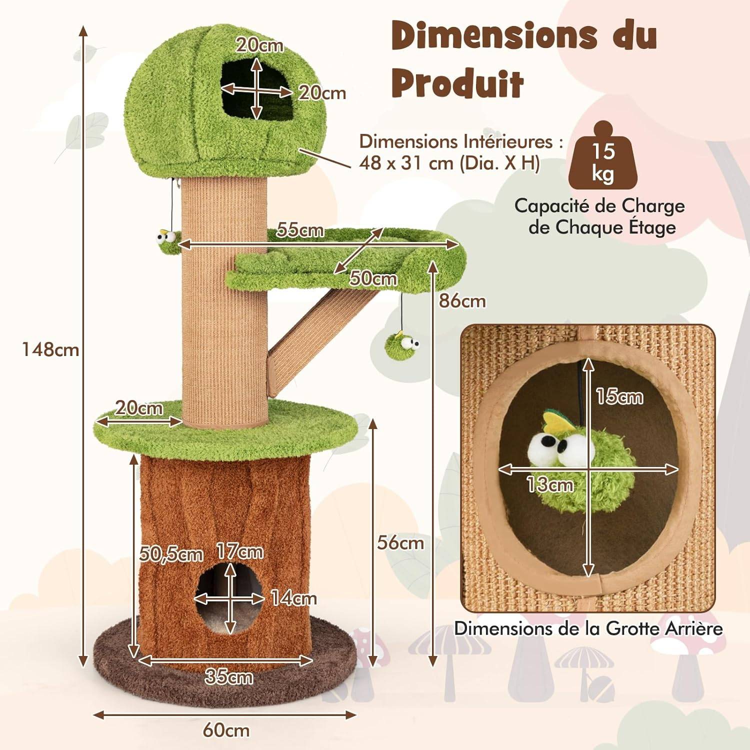 COSTWAY Arbre a Chat Design 148 cm,en Bois, 2 Condos, 2 Plateformes, 20 cm Poteaux à Griffer en Sisal, en Forme de Branche,Coussins Amovibles - Image 3