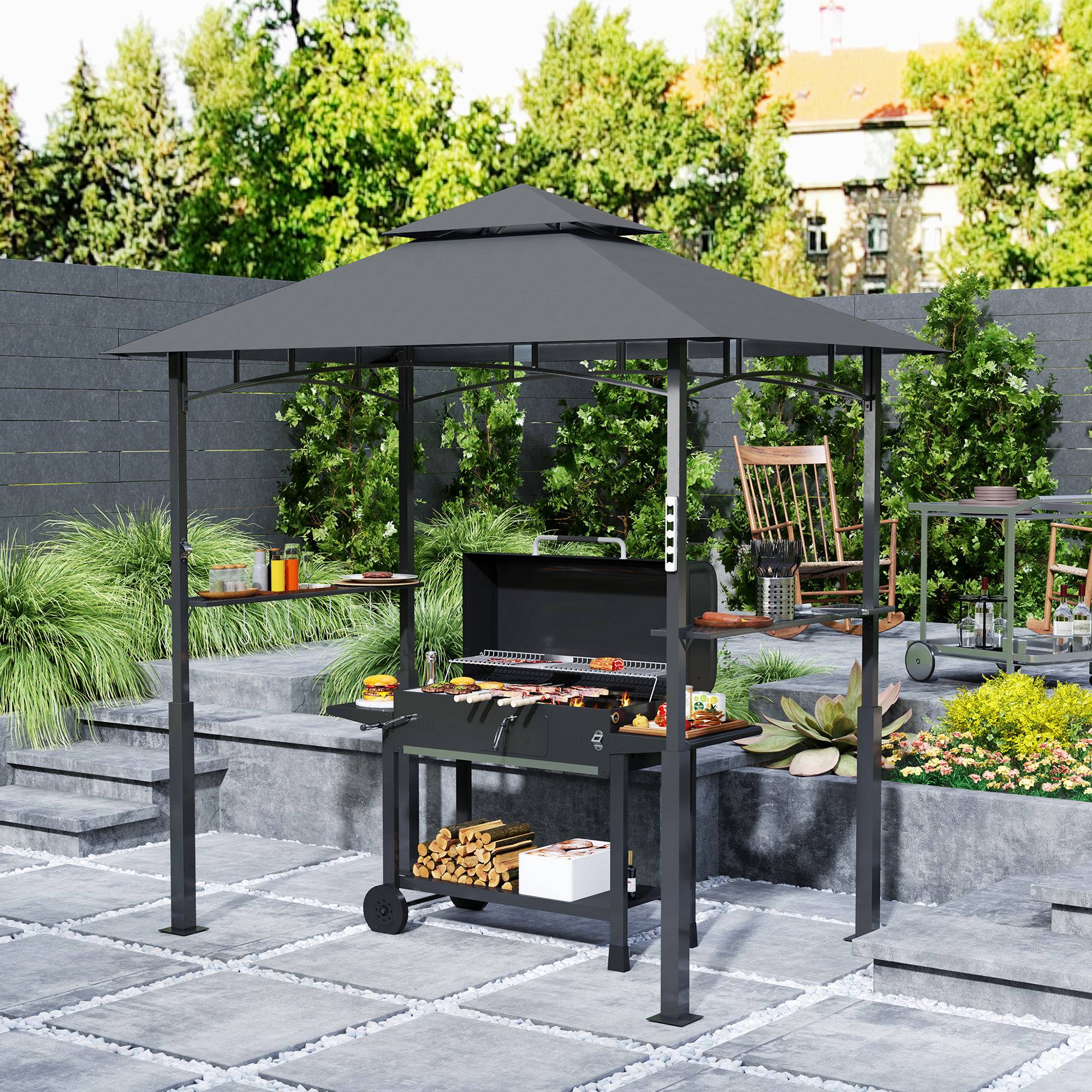 Tonnelle de barbecue à deux niveaux auvent de réception pour jardin avec lumière LED 240 x 150 x 250 cm gris foncé - Image 3