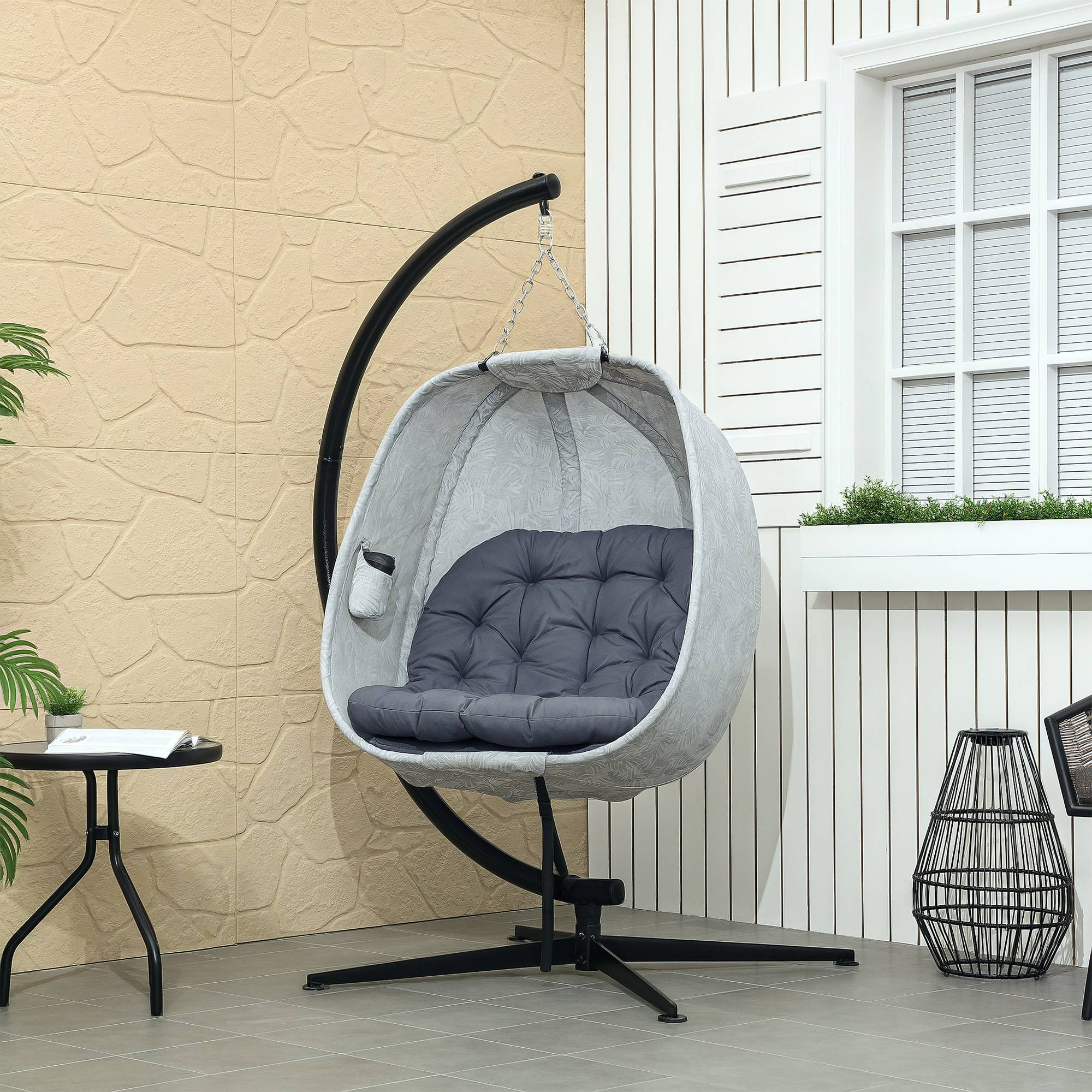 Fauteuil Suspendu Oeuf Pliable Acier Jardin Terrasse Balancelle avec Support Coussins Gris - ComfortXL Outdoor Living - Image 1