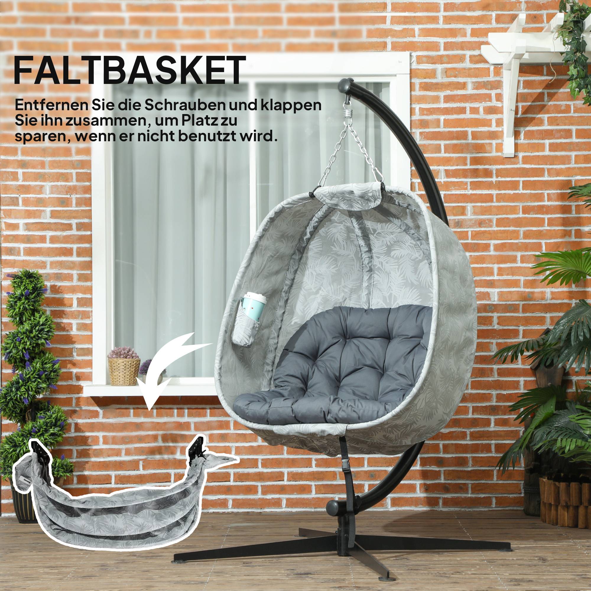 Fauteuil Suspendu Oeuf Pliable Acier Jardin Terrasse Balancelle avec Support Coussins Gris - ComfortXL Outdoor Living - Image 6