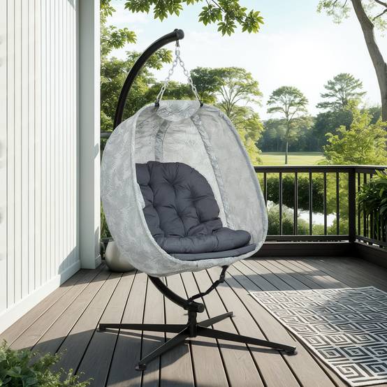 Fauteuil Suspendu Oeuf Pliable Acier Jardin Terrasse Balancelle avec Support Coussins Gris - ComfortXL Outdoor Living - Image 7