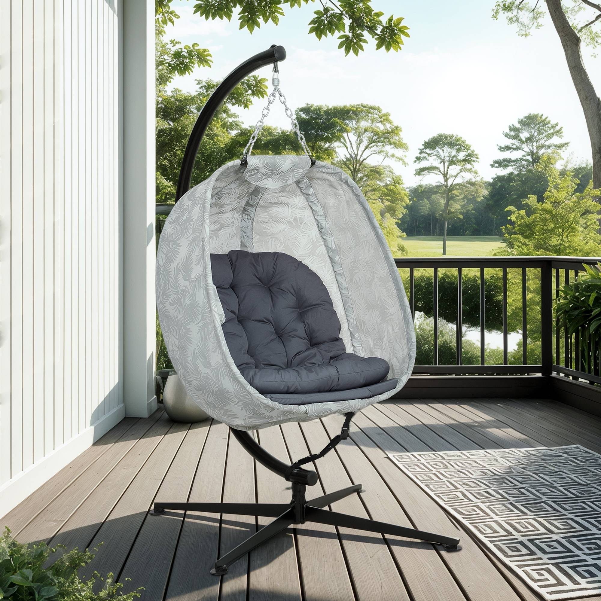 Fauteuil Suspendu Oeuf Pliable Acier Jardin Terrasse Balancelle avec Support Coussins Gris - ComfortXL Outdoor Living - Image 7