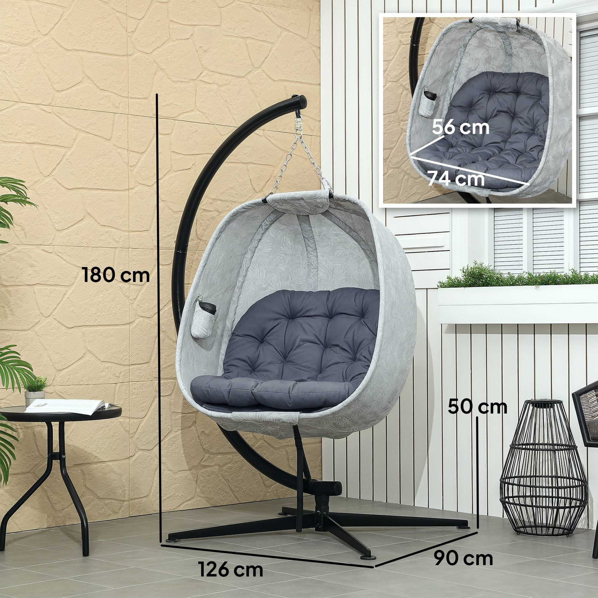 Fauteuil Suspendu Oeuf Pliable Acier Jardin Terrasse Balancelle avec Support Coussins Gris - ComfortXL Outdoor Living - Image 3
