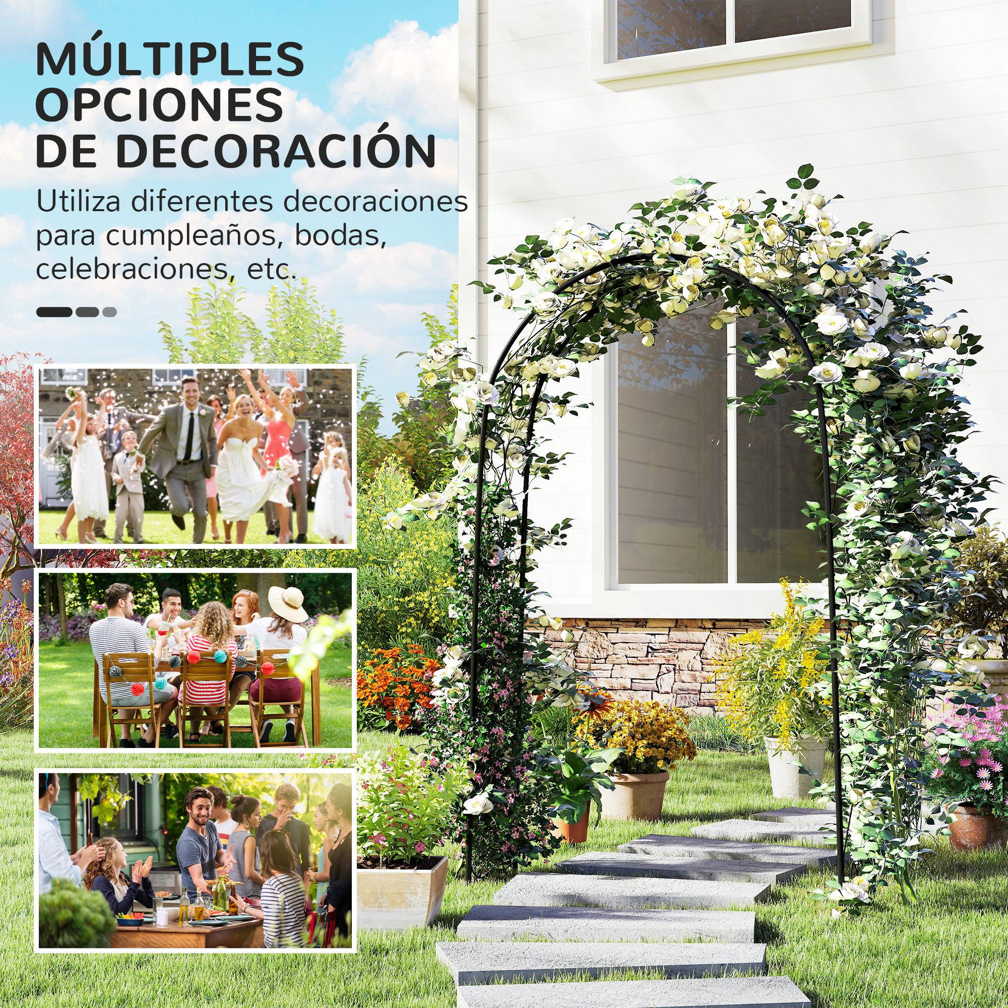 Arche de jardin acier extérieur support plantes grimpantes décoratif 125x37x230cm noir - ComfortXL Outdoor Living - Image 8
