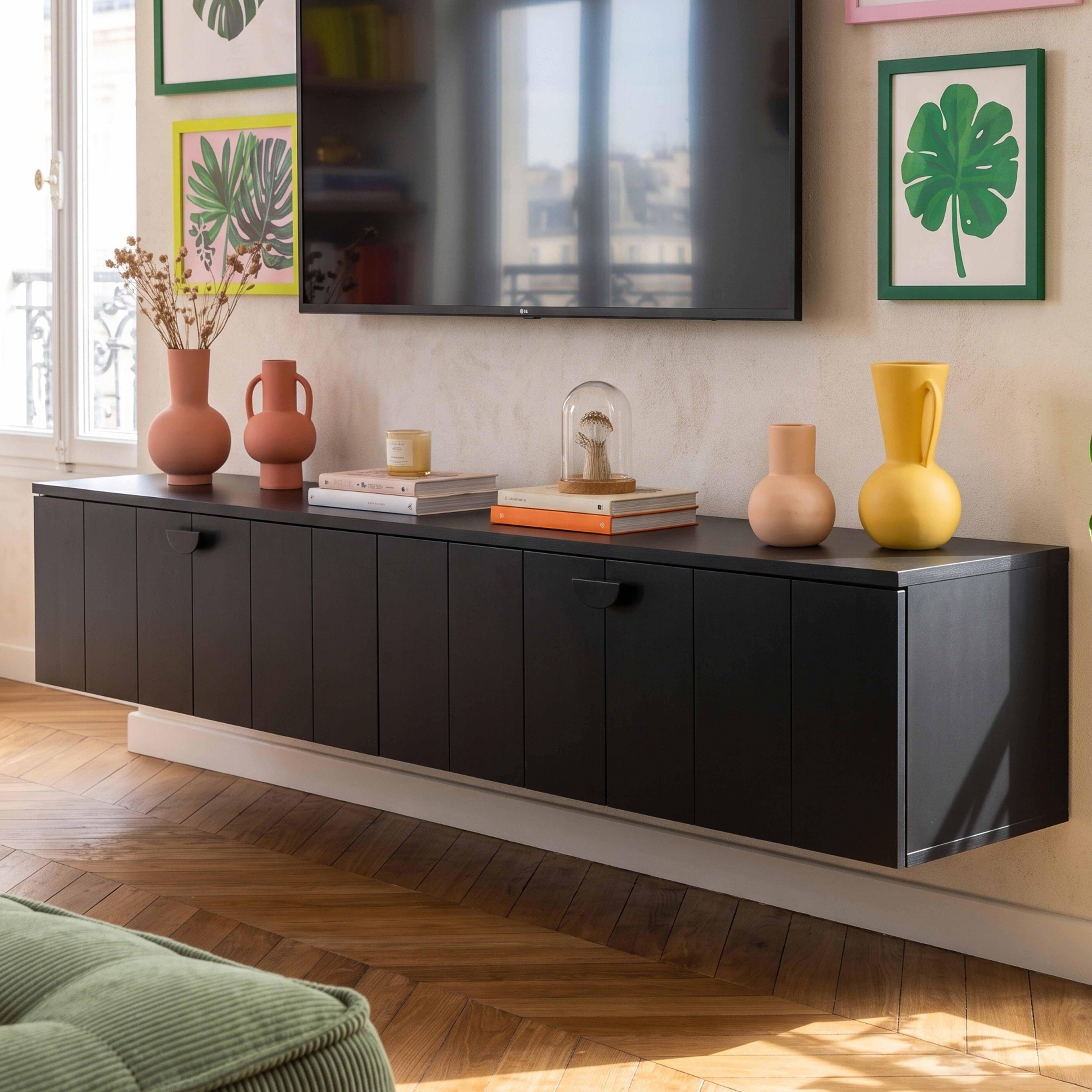 Oviala - Meuble TV suspendu 160 cm moderne noir Holly - Oviala - Image 4