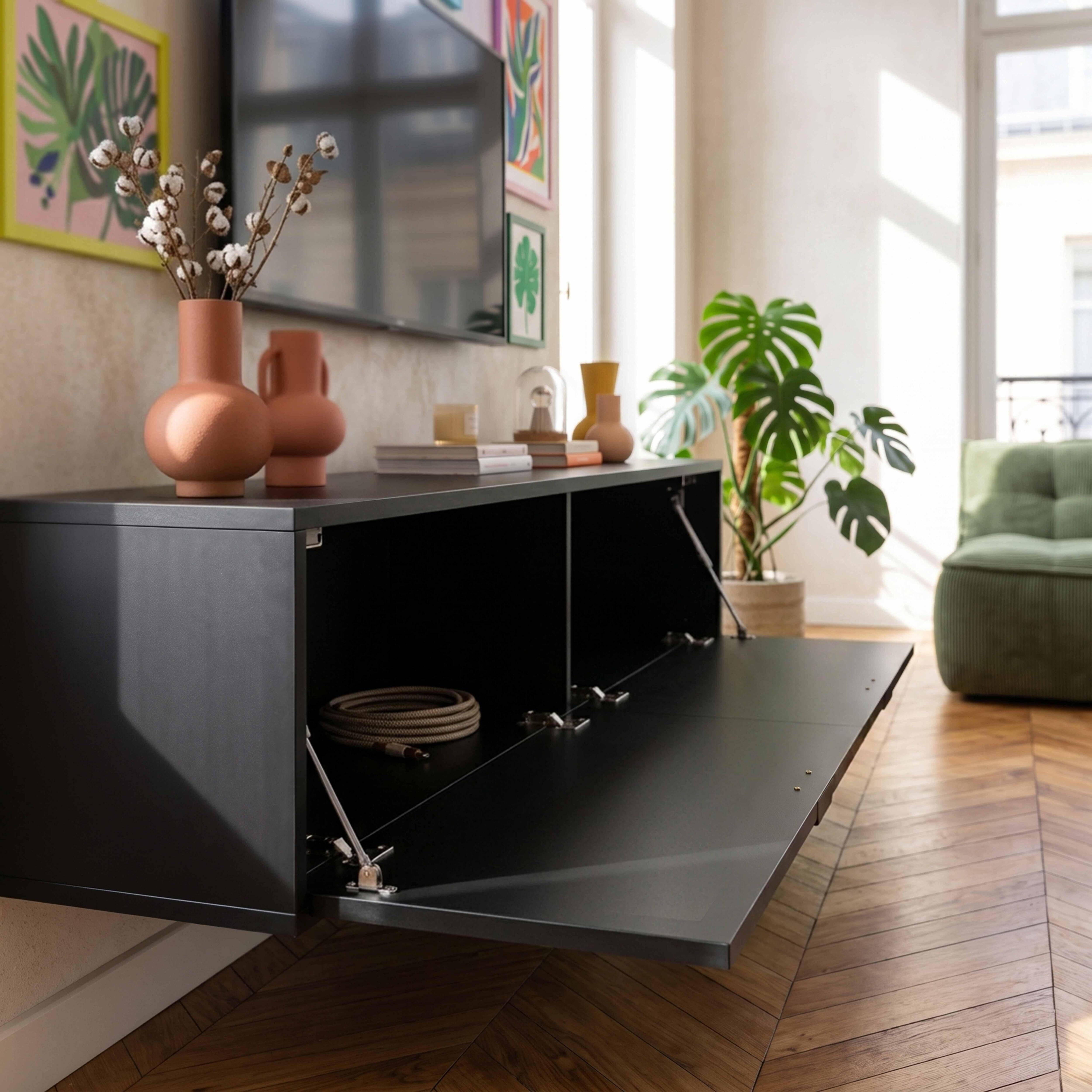 Oviala - Meuble TV suspendu 160 cm moderne noir Holly - Oviala - Image 3