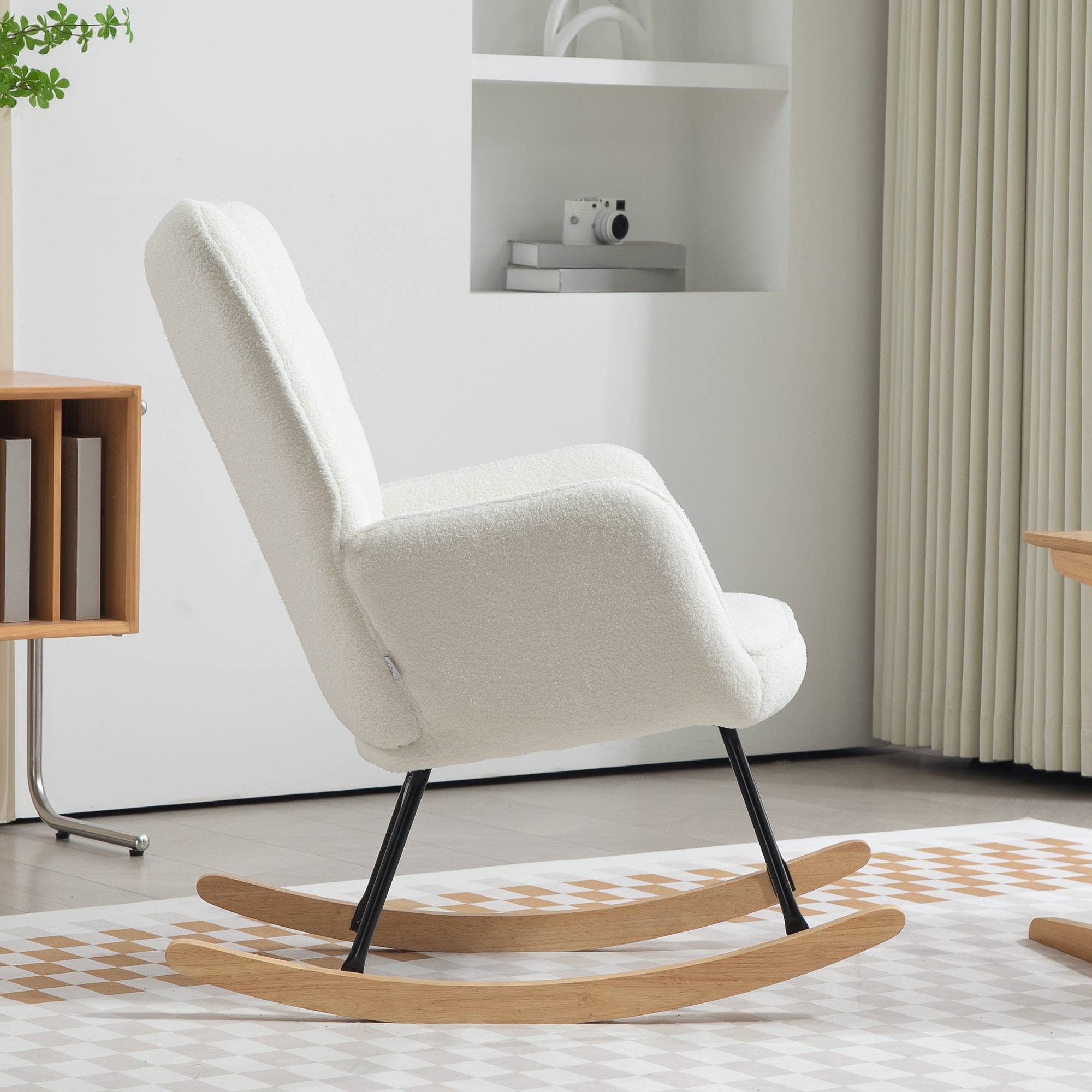 Sans Marque - Fauteuil à bascule rocking chair revêtement effet laine bouclée, structure en acier 71 x 98 x 101 cm blanc - Image 10