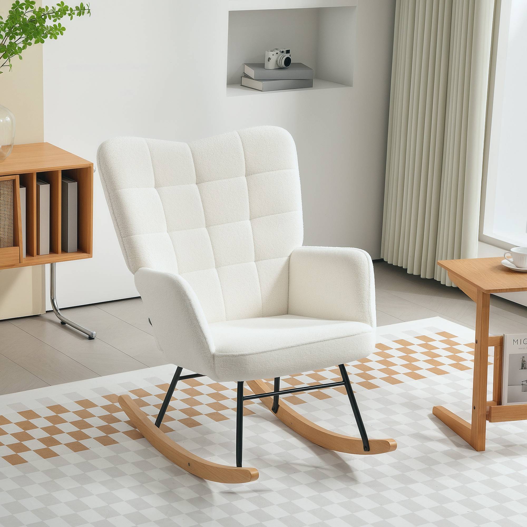 Sans Marque - Fauteuil à bascule rocking chair revêtement effet laine bouclée, structure en acier 71 x 98 x 101 cm blanc - Image 9