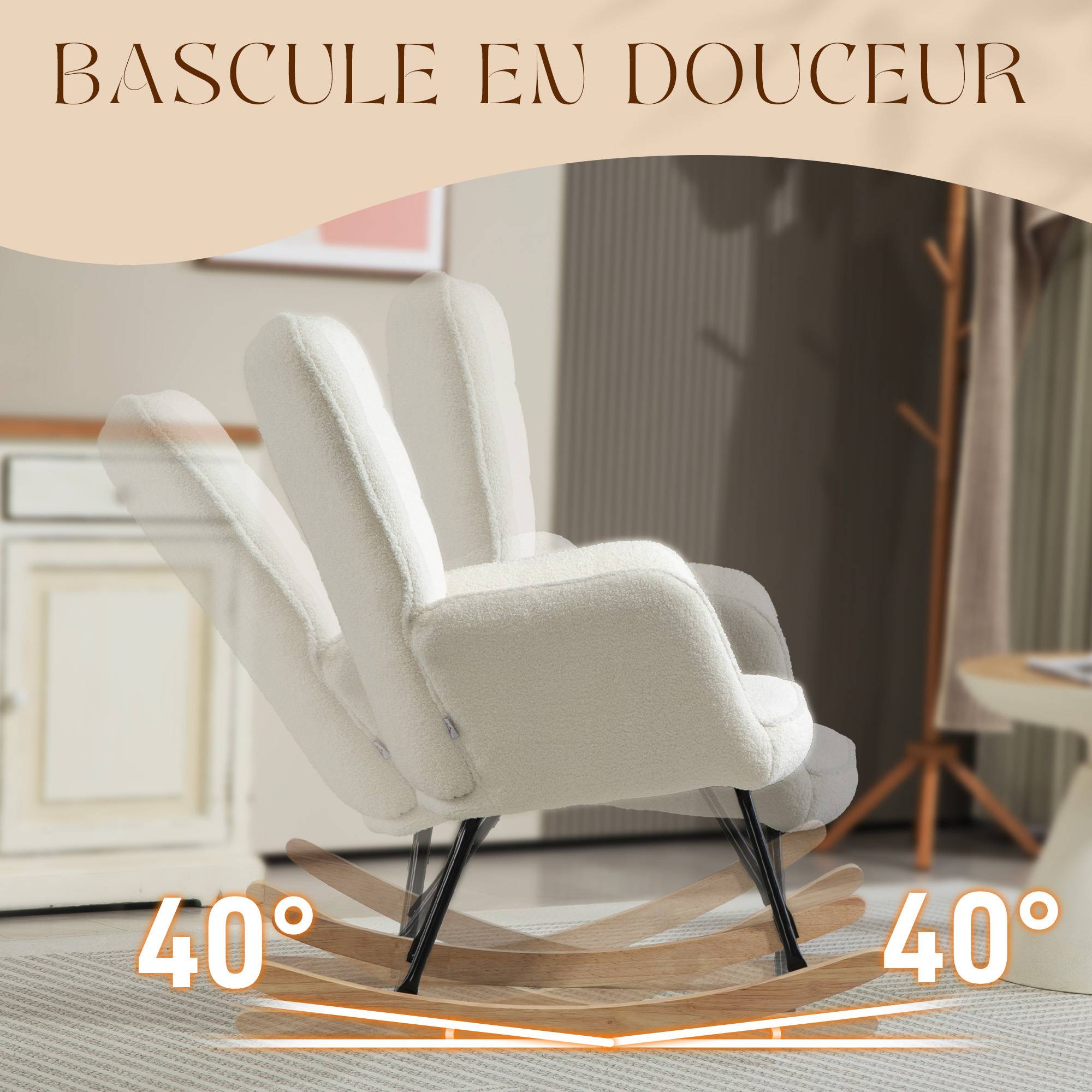 Sans Marque - Fauteuil à bascule rocking chair revêtement effet laine bouclée, structure en acier 71 x 98 x 101 cm blanc - Image 6