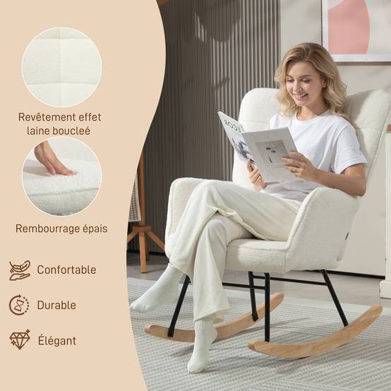 Sans Marque - Fauteuil à bascule rocking chair revêtement effet laine bouclée, structure en acier 71 x 98 x 101 cm blanc - Image 7