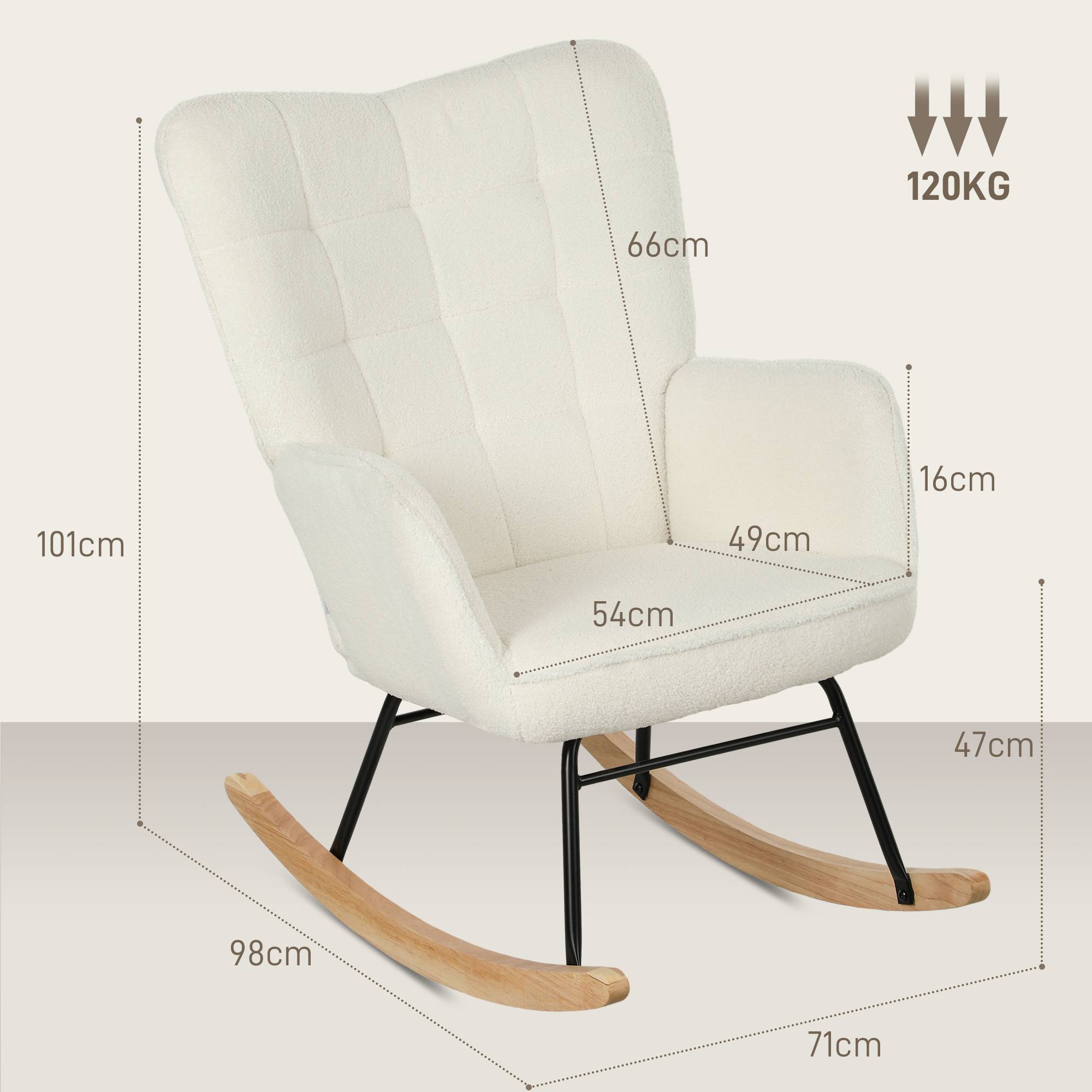 Sans Marque - Fauteuil à bascule rocking chair revêtement effet laine bouclée, structure en acier 71 x 98 x 101 cm blanc - Image 5