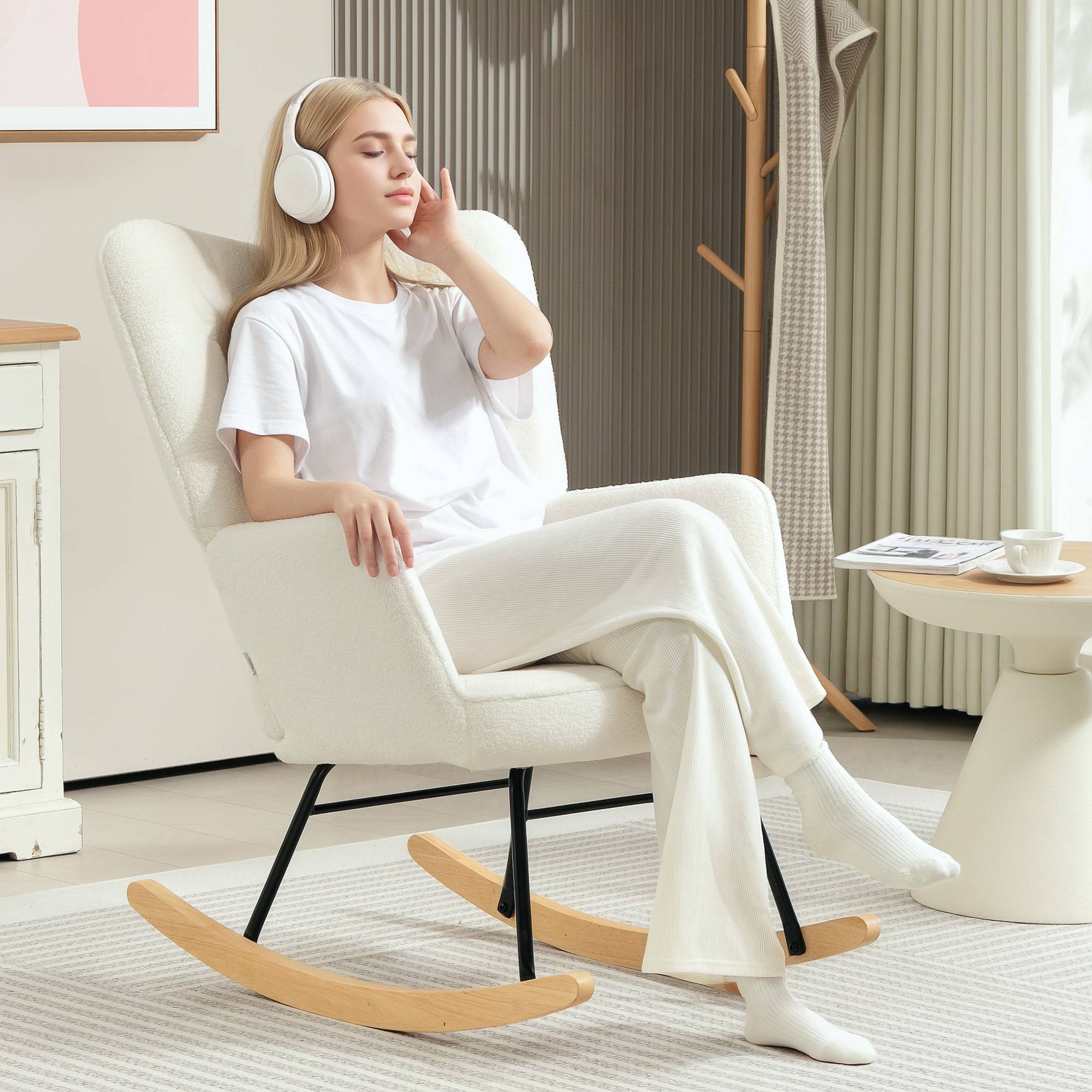 Sans Marque - Fauteuil à bascule rocking chair revêtement effet laine bouclée, structure en acier 71 x 98 x 101 cm blanc - Image 4