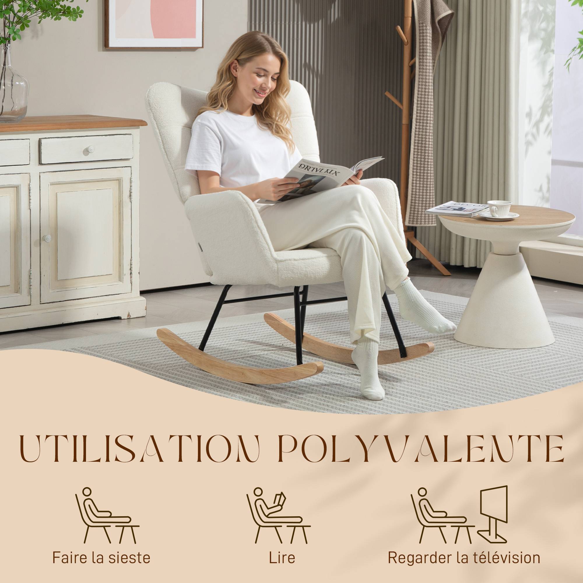 Sans Marque - Fauteuil à bascule rocking chair revêtement effet laine bouclée, structure en acier 71 x 98 x 101 cm blanc - Image 8