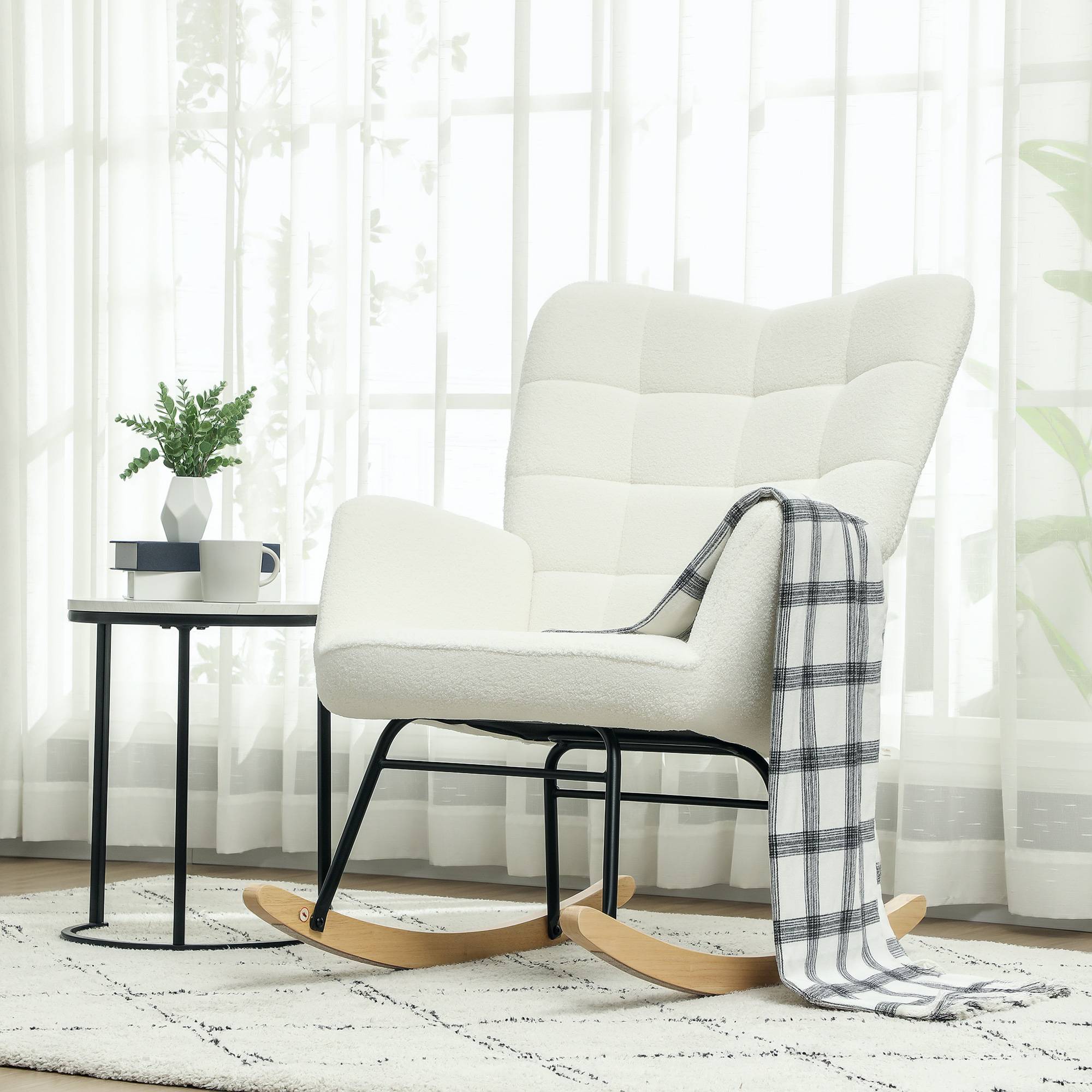Sans Marque - Fauteuil à bascule rocking chair revêtement effet laine bouclée, structure en acier 71 x 98 x 101 cm blanc - Image 3