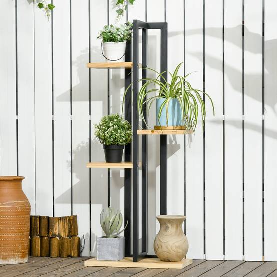 Étagère à plantes bois métal balcon salon 4 niveaux style industriel 45x25x110cm - ComfortXL Outdoor Living - Image 3