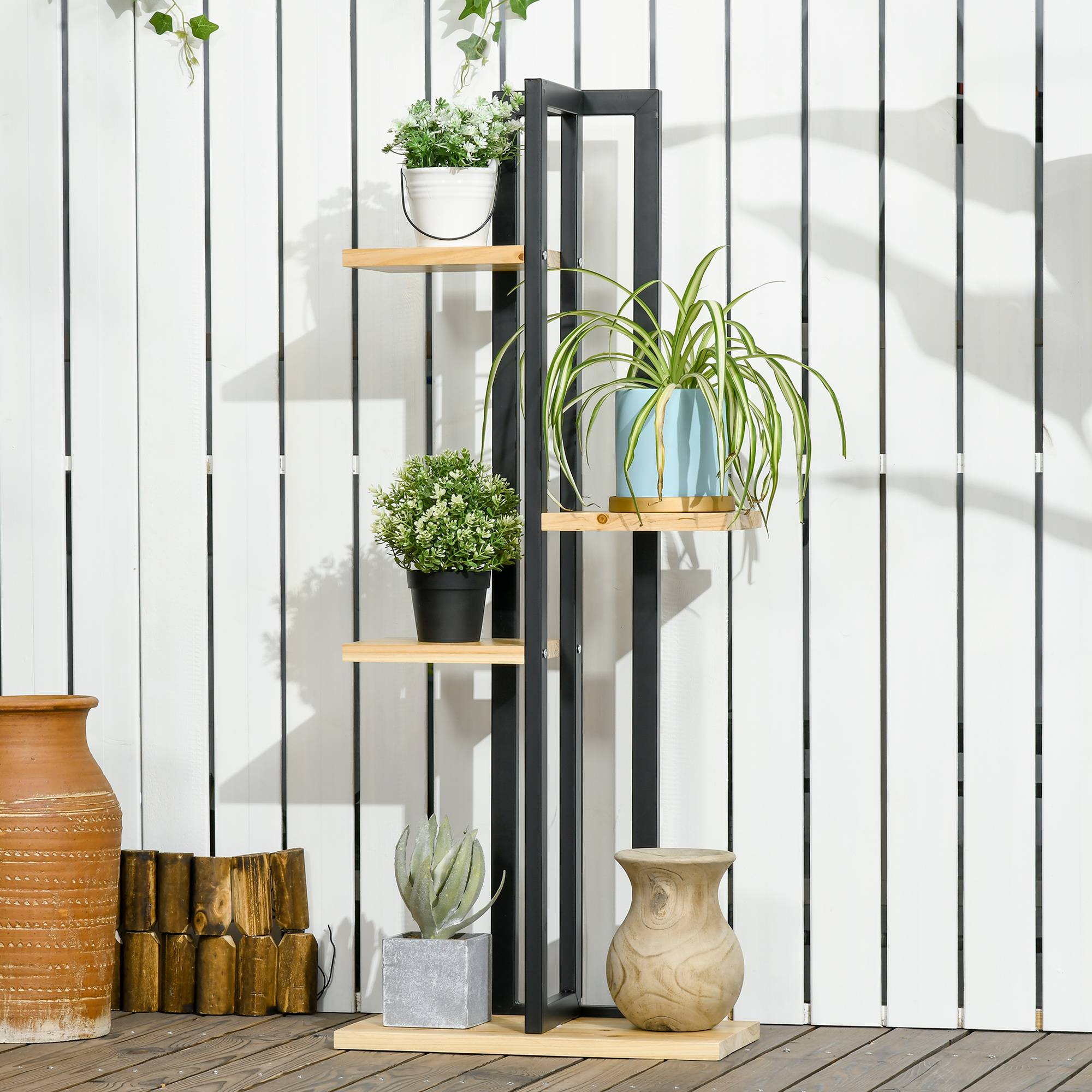 Étagère à plantes bois métal balcon salon 4 niveaux style industriel 45x25x110cm - ComfortXL Outdoor Living - Image 3