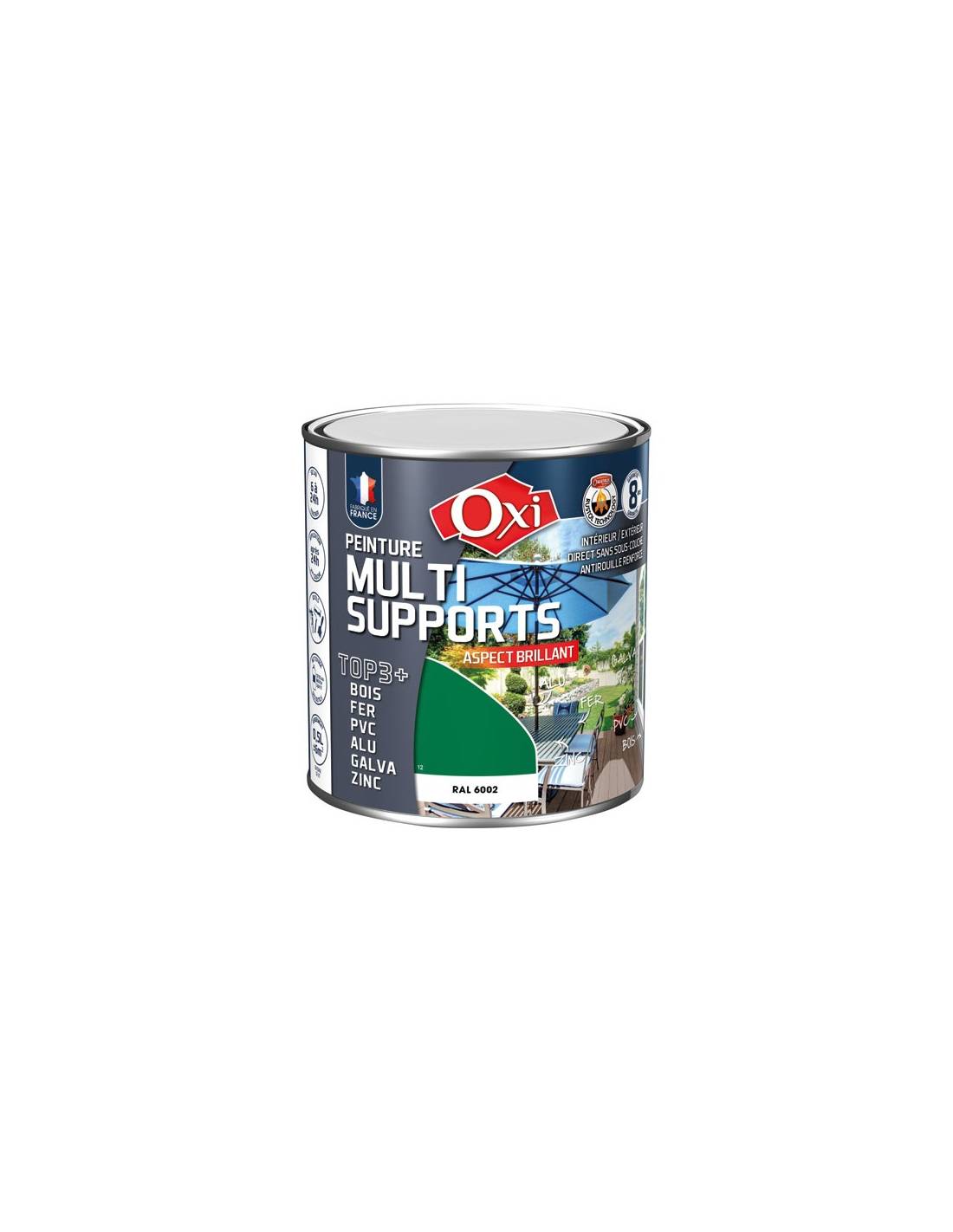 Oxi - Peinture Top 3 Bois Fer Pvc 500ml Vert Jardin Brill. Ral6002 - Oxi