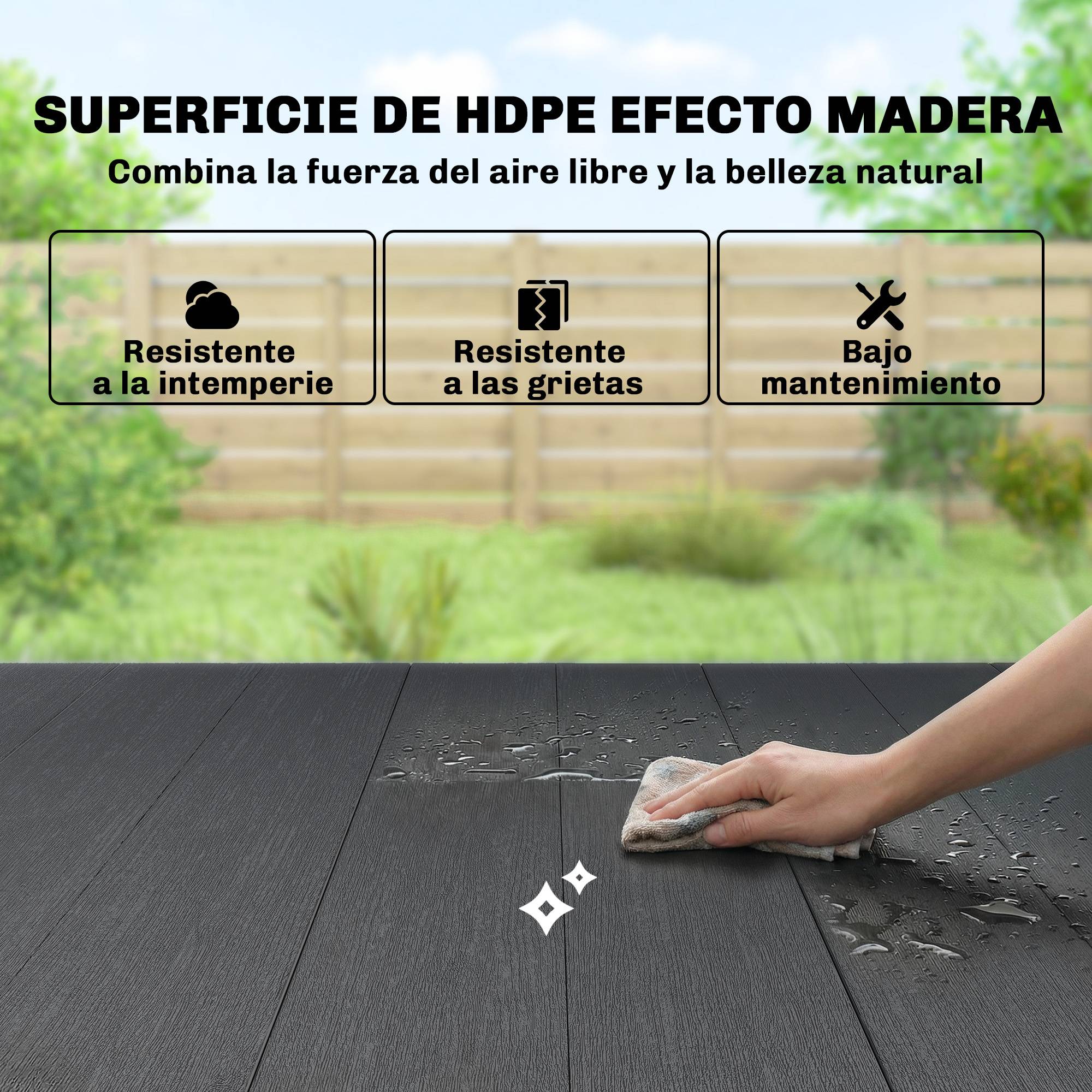 Table à manger de jardin pour 6 personnes, surface HDPE lattes, structure métallique 150x90x74 cm noir - Image 7