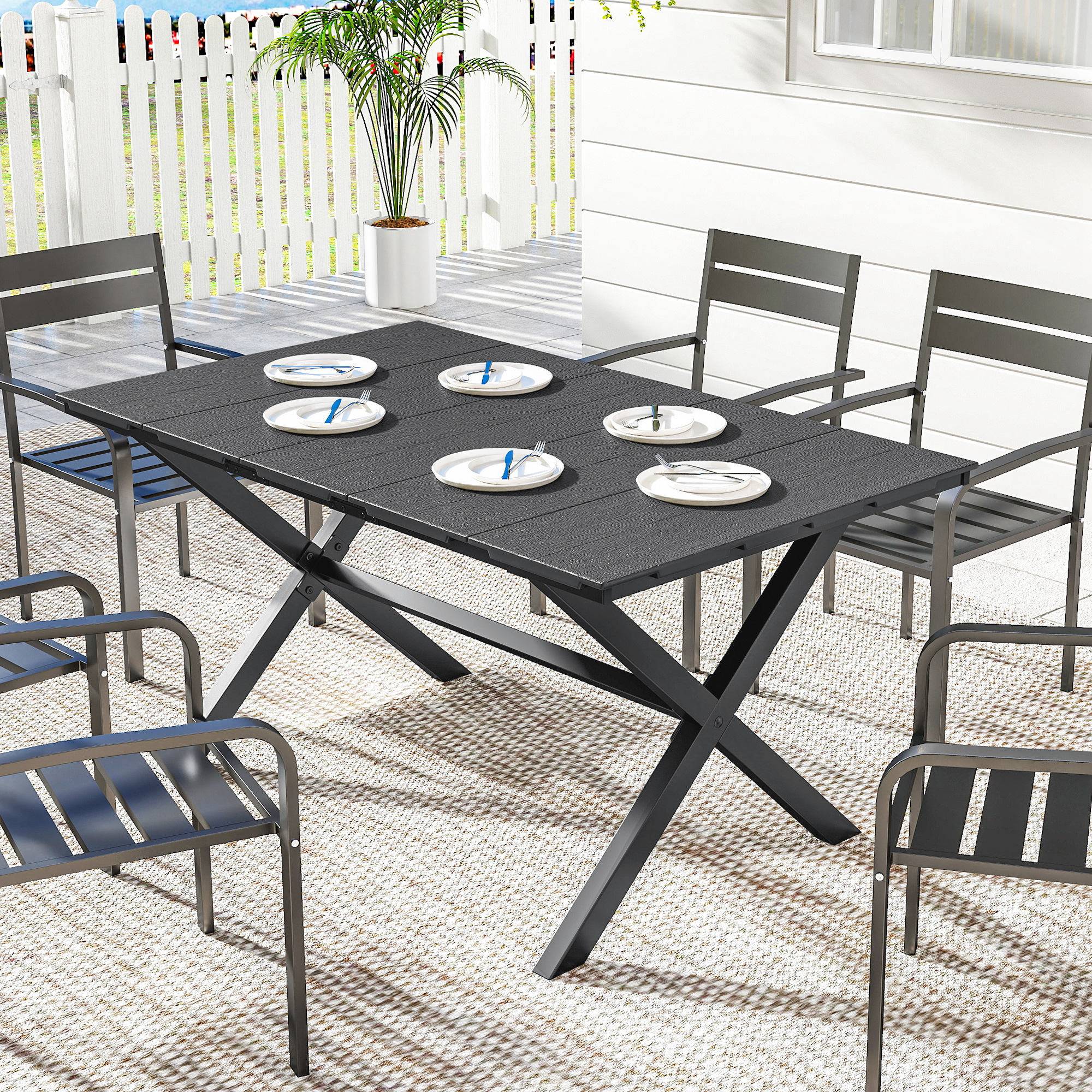 Table à manger de jardin pour 6 personnes, surface HDPE lattes, structure métallique 150x90x74 cm noir - Image 4